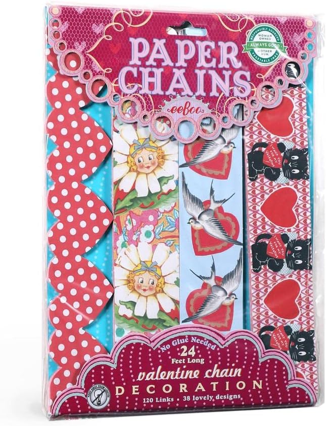 eeBoo: Valentine Paper Chain - 120 Links, No Glue Needed for Assembly, Four Different Patterned Links to Mix and Match, Paper Chain When Completed is 24 Feet Long