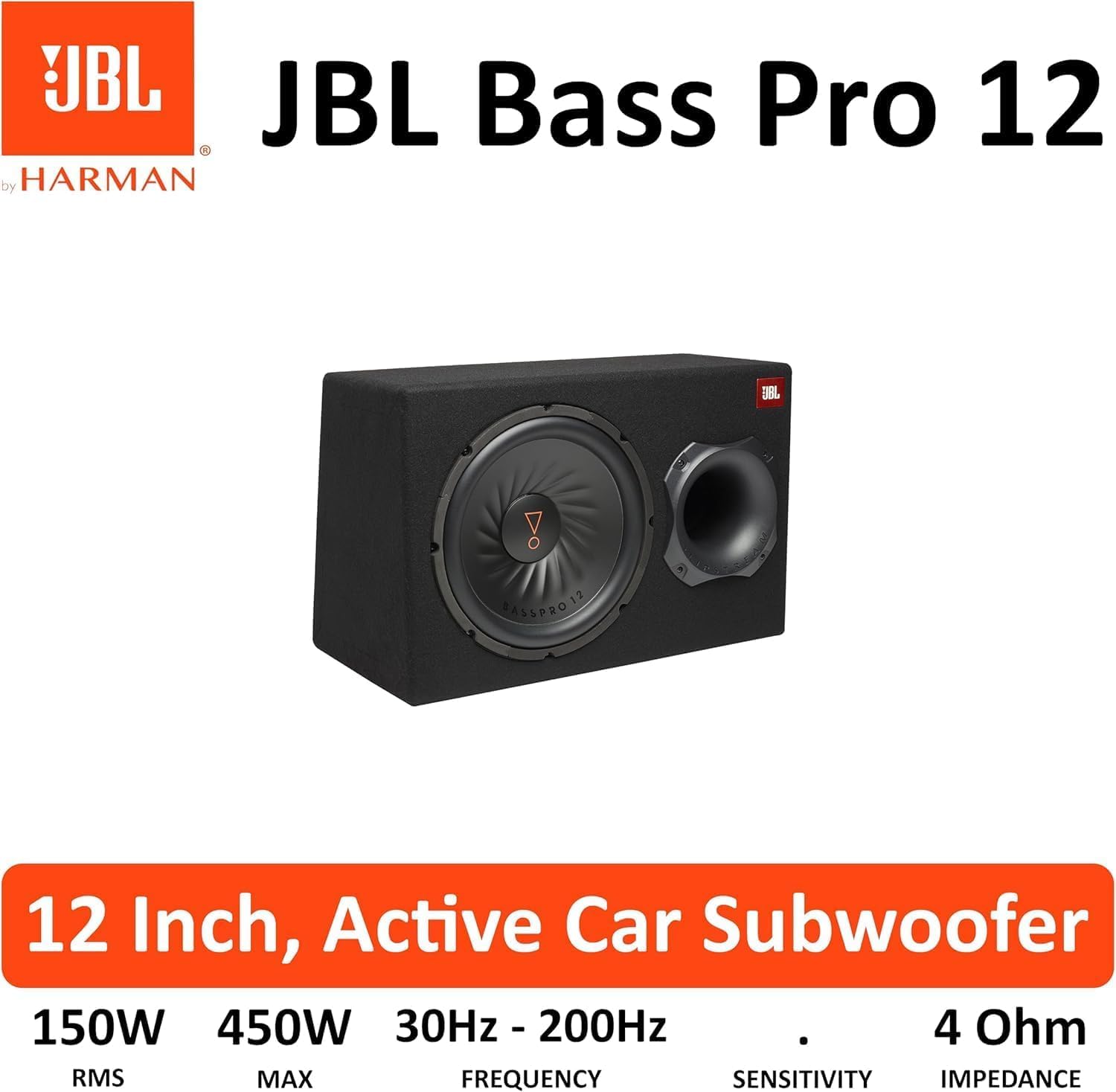 JBL BassPro 12 Active Subwoofer Set - Bass reflex woofer JBL box large 30 cm, 450 Watt amplifier Car sound system and Car hifi Bass box housing, Black