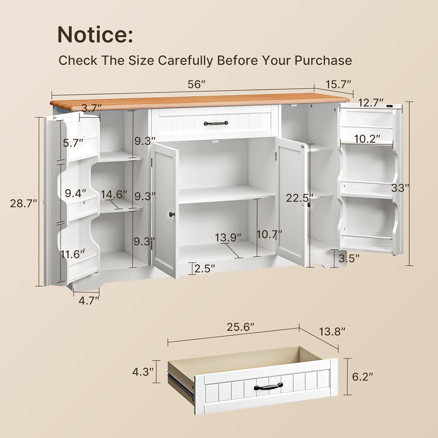 Gizoon 56" Kitchen Coffee Bar Cabinet with Storage Kitchen Sideboard Buffet Cabinet with Drawers, Short Pantry with Door and Shelves for Bathroom and Living Room, White and Rustic