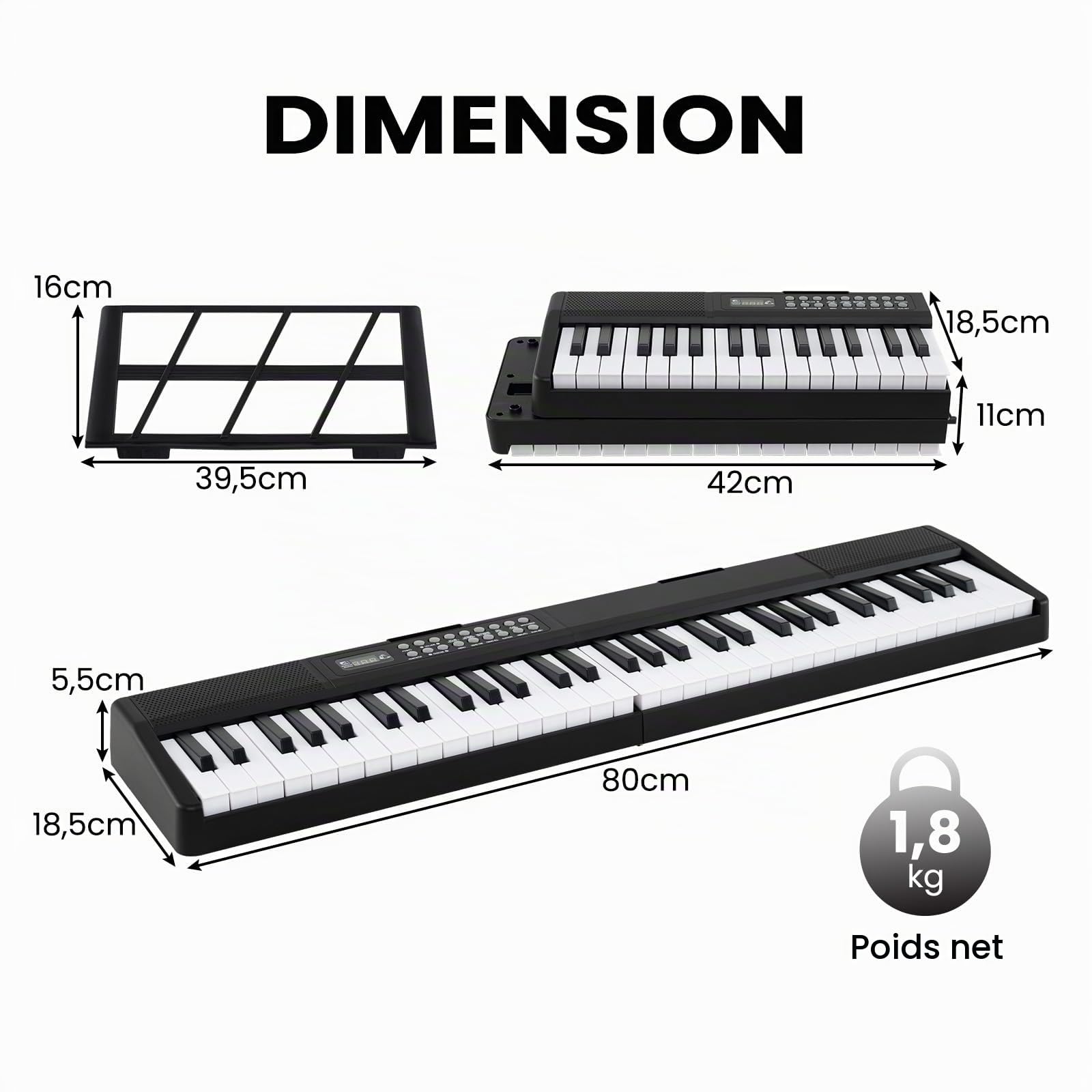 KOMFOTTEU Piano Numérique 61 Touches Multifonctionnel, Clavier Semi-Pondéré, Piano Électroniques pliable, avec Microphone & Double Haut-parleurs, 3 Modes d’Enseignement, MP3/USB/MIDI, noir