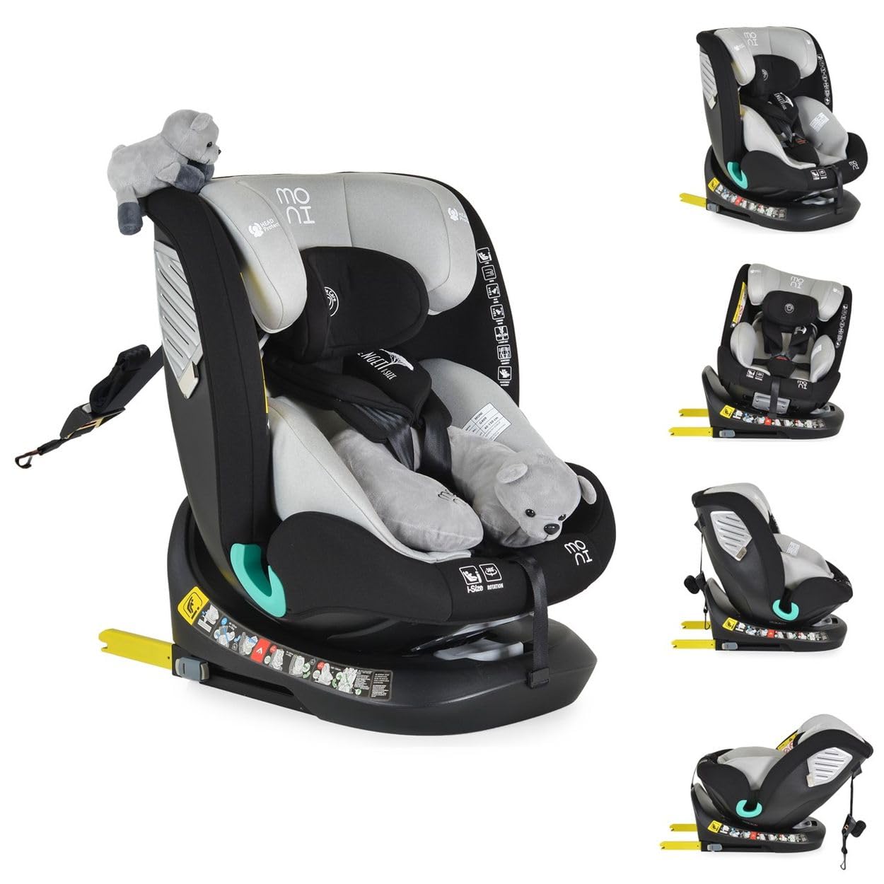 Moni, siège enfant i-Size Serengeti (40-150cm) Isofix, coussin pour la nuque, coloris:Gris
