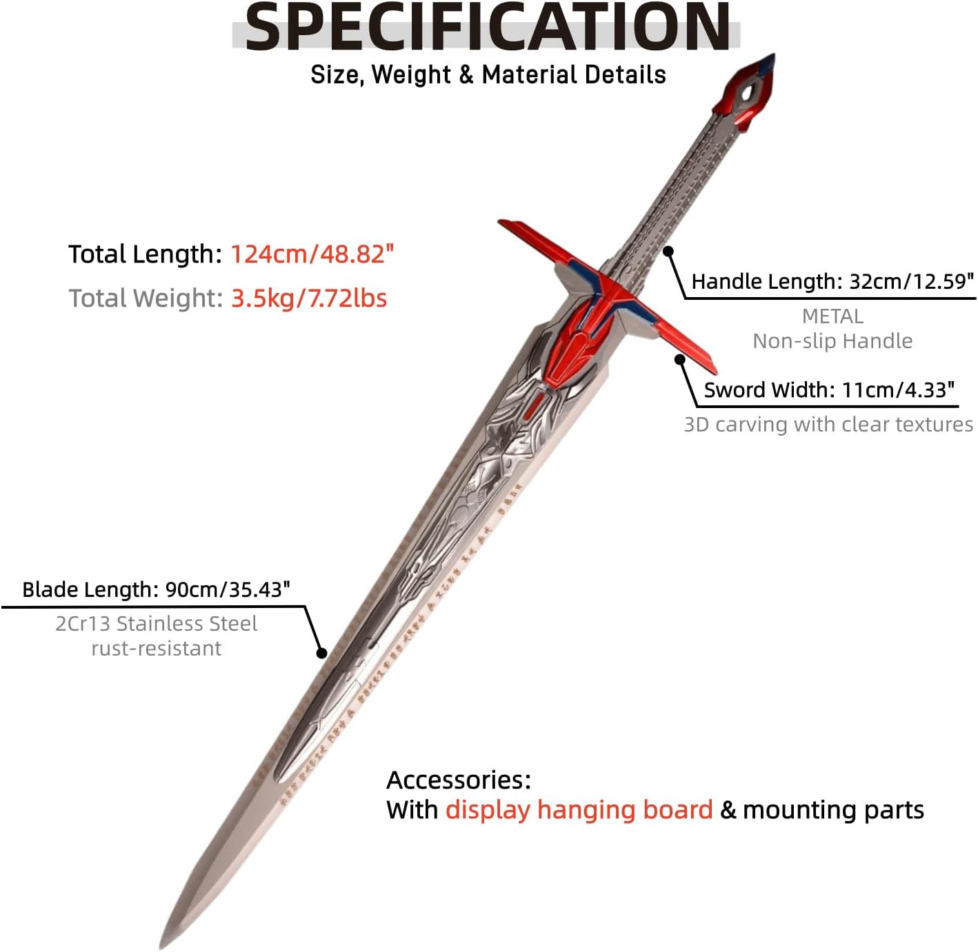 Sword Valley Optimus Prime Sword Replica with Display Hanging Board - 124cm/48.82" Total Length, Stainless Steel Blade, Blade Carving Rune Symbols - Cosplay Prop Sword of Judgement
