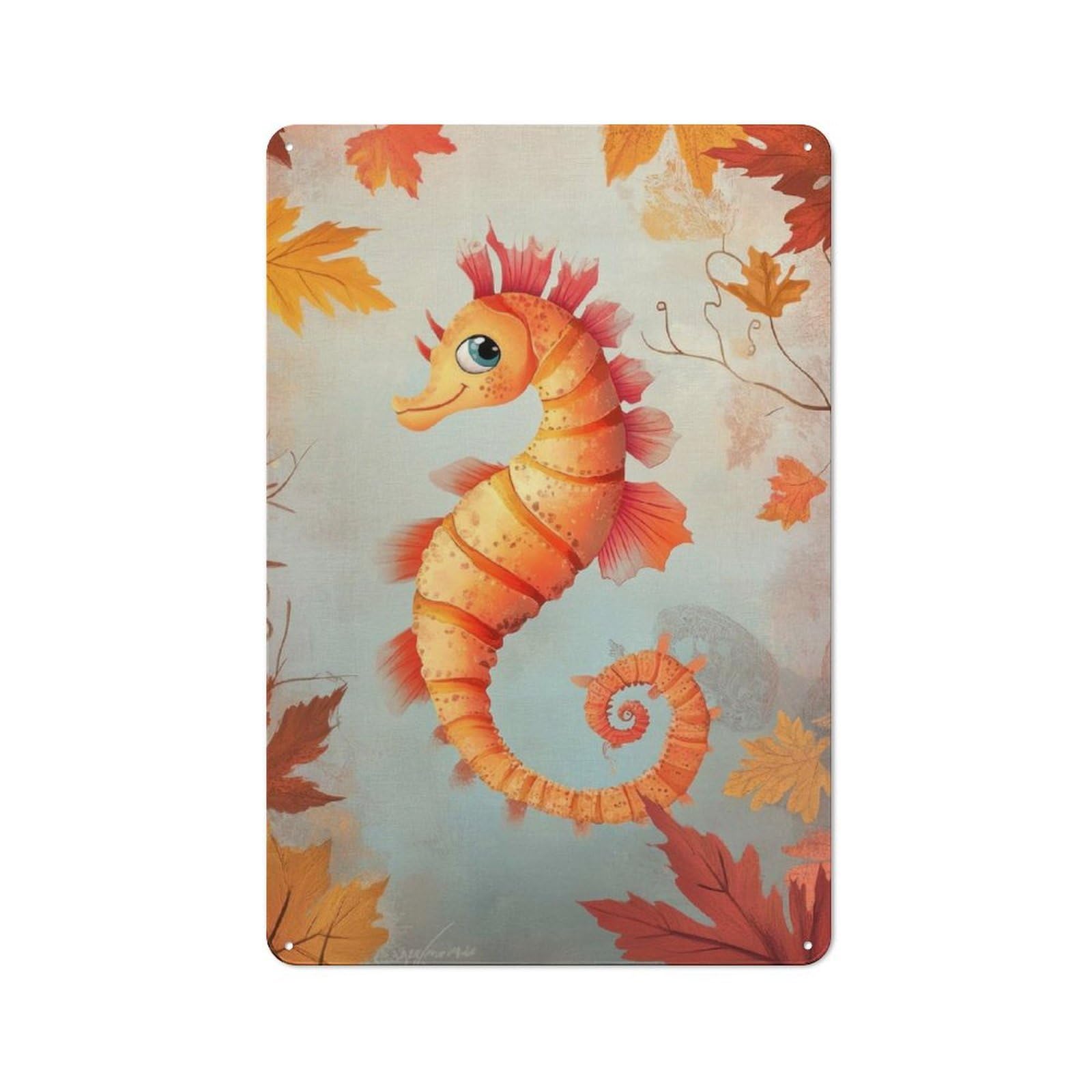Junmoney Seahorse With Autumn Leaves Vintage Tin Sign 30X20cm For Guest Room Or Hallway, Suited To Home Decor Collectors