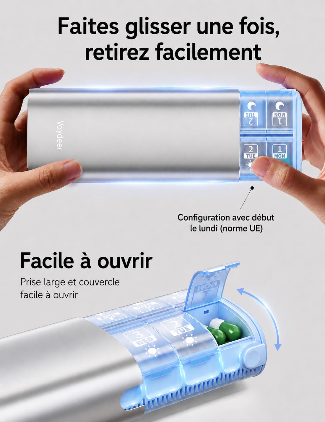 Vaydeer Pilulier hebdomadaire de 7 jours (support 2 fois par jour), pilulier de voyage en métal, grande capacité, joli pilulier quotidien pour suppléments, pilules, vitamines et médicaments