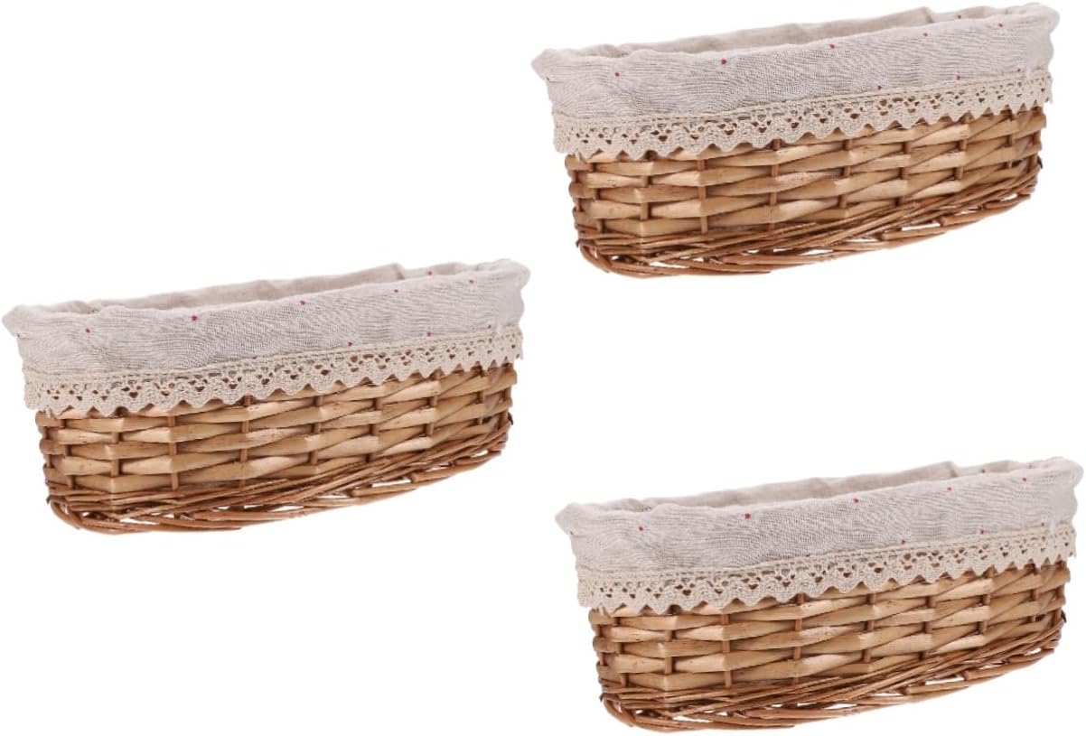 Woven Bread Basket for Storage Natural Rattan Serving Basket Multi Functional Countertop Organizer for Bread Fruits Snacks Sundries with Decorative Burlap Lace Trim