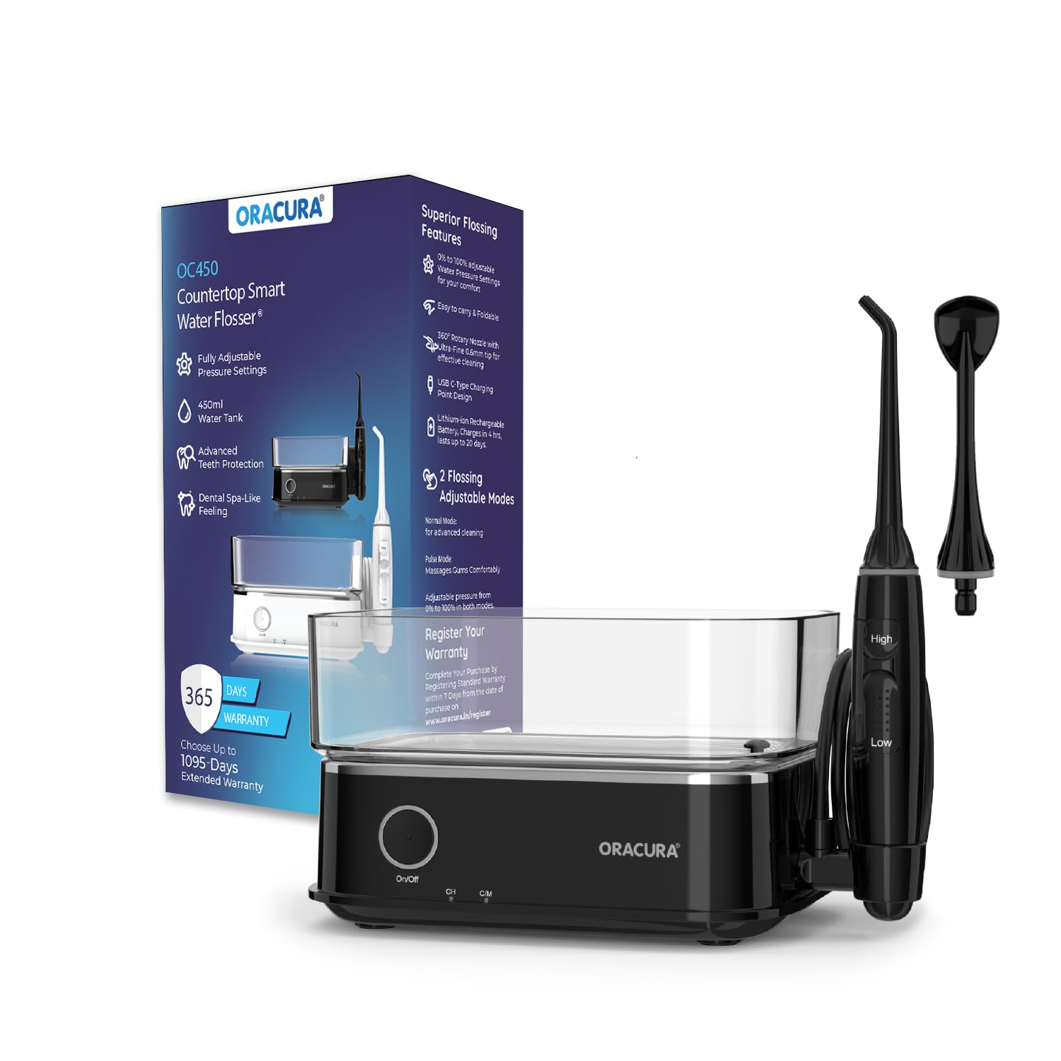 ORACURA® OC450 LITE Countertop Smart Water Flosser® Black | 365 Days Warranty | Adjustable Water Pressure Settings | 450ml Water Tank | Rechargeable | 30-Day Battery Life | 2 Nozzle Tips