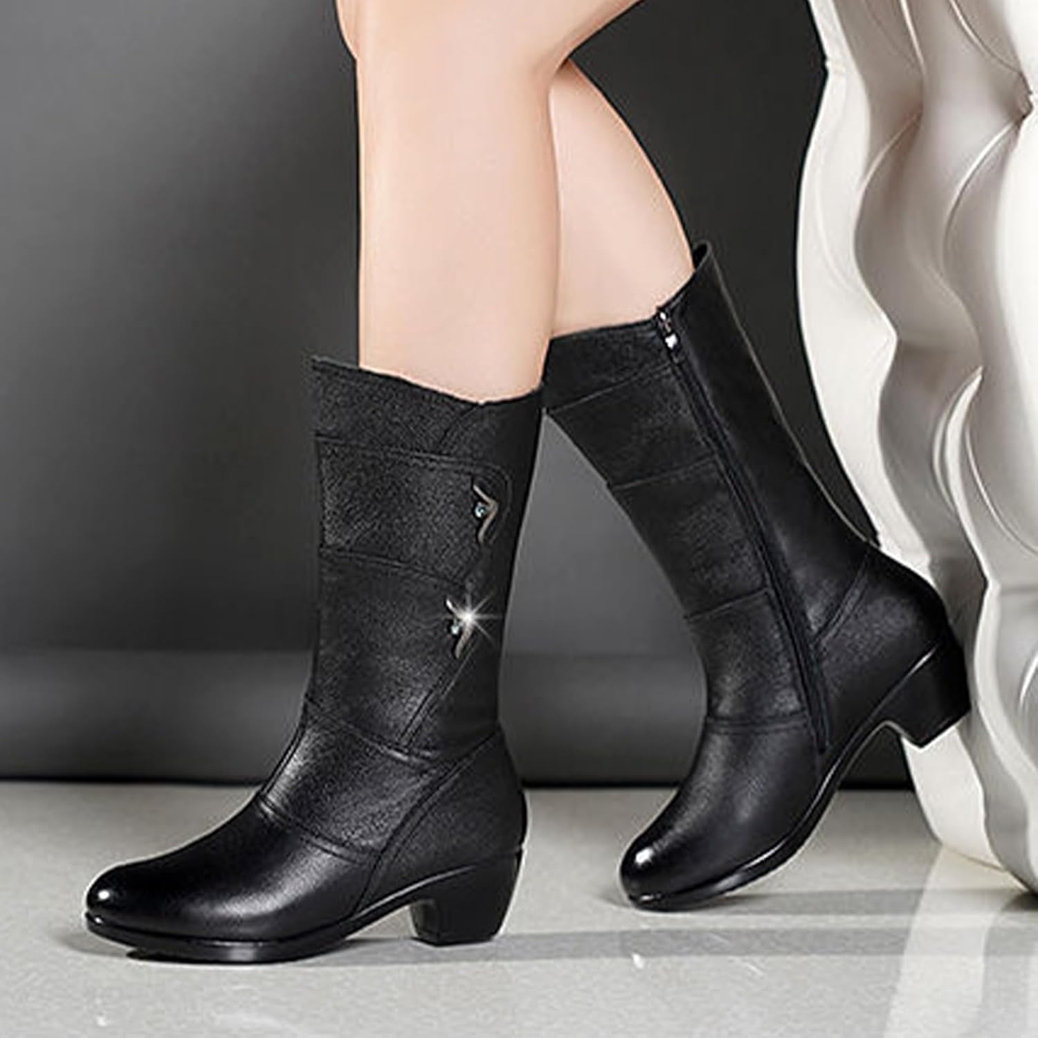 Women's Mid-Calf Black Leather Boots,Fall Winter Comfort Waterproof Non-Slip Low Block Side Zip Casual Dress Booties