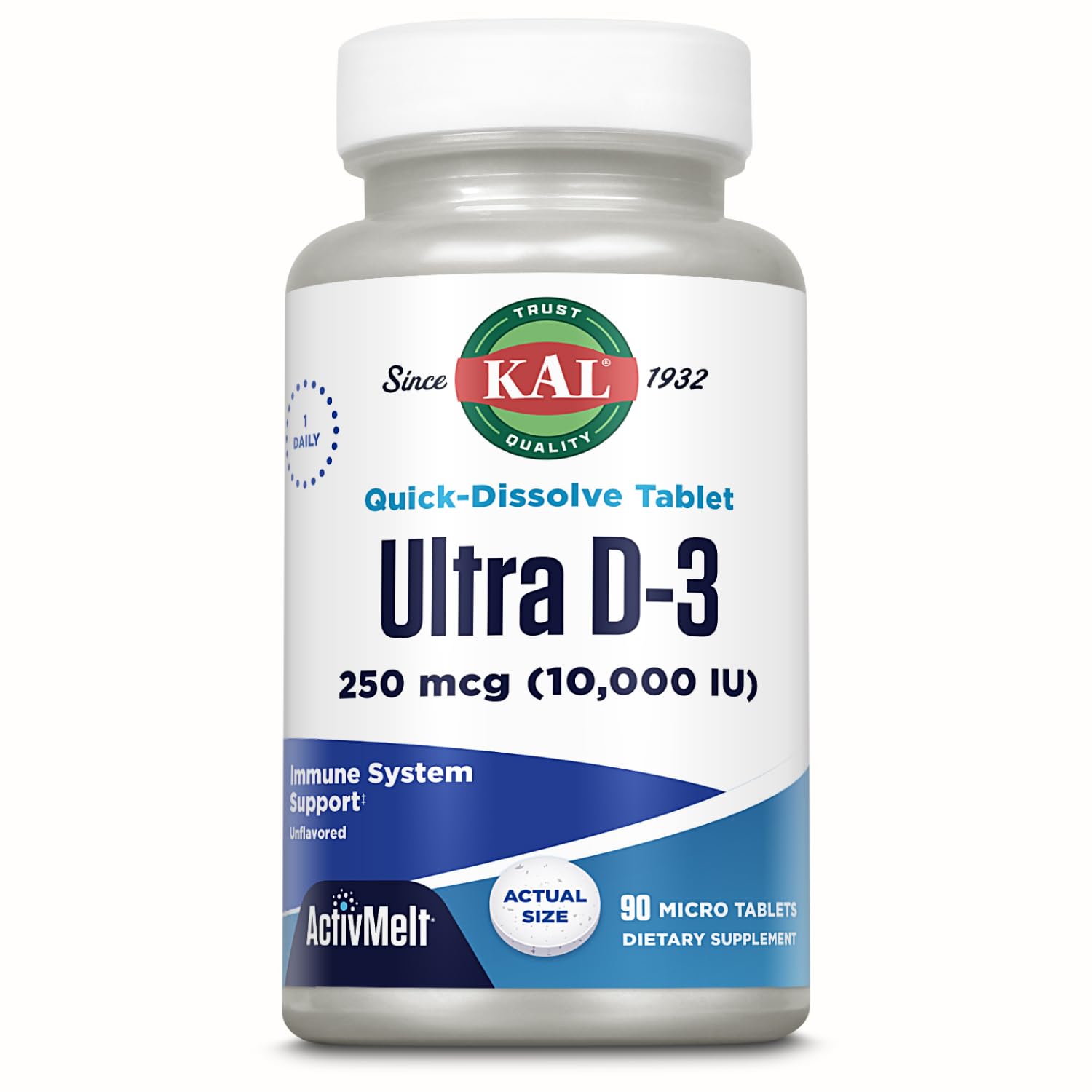 KAL Ultra Vitamin D3 10000 IU (250mcg) - High Potency Vitamin D - Immune Support and Calcium Absorption Support for Strong Bones - Quick Dissolve, Unflavored ActivMelt - 90 Servings, 90 Micro Tablets