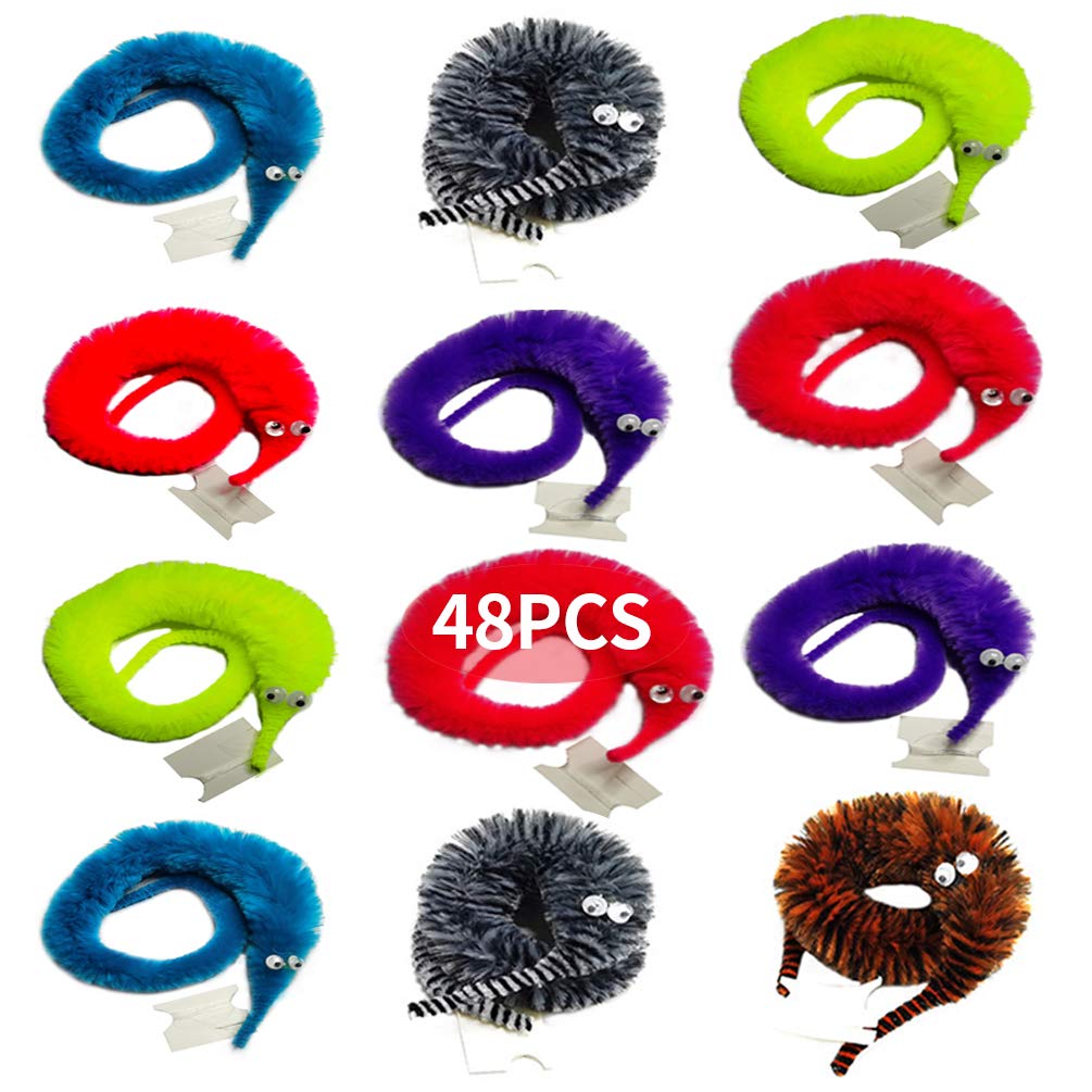SHENGSEN 48Pcs Fuzzy Worm Toys Fuzzy Worms on String Trick Toy Carnival Kid Party Favors (6 Colors)