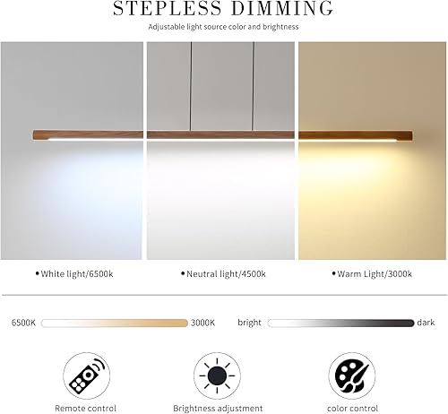 Miniatura 4 de Mikeru Lámpara colgante lineal de madera, lámpara colgante lineal con control remoto regulable 3000 K-6000 K, 47 pulgadas, color nogal LED para