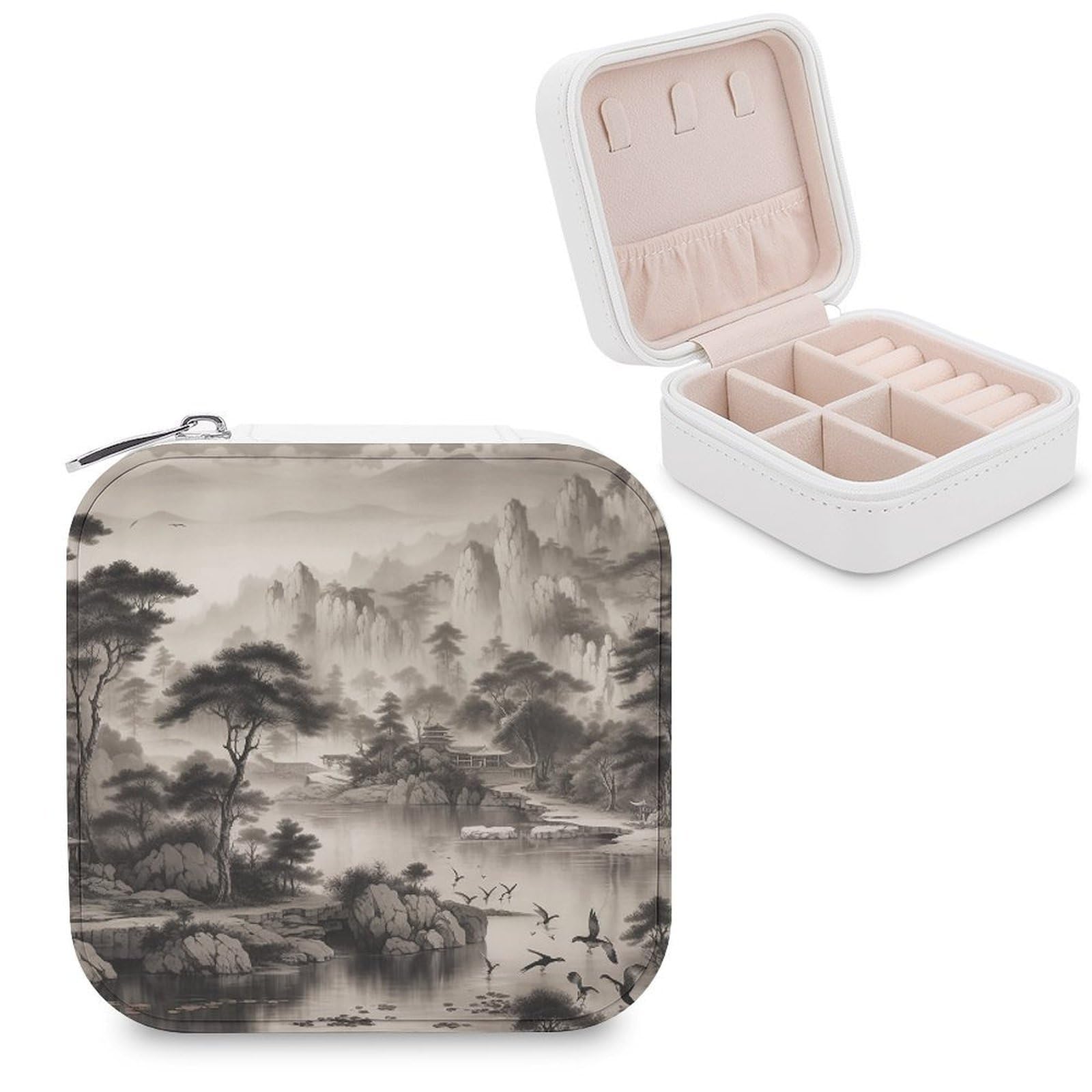 FekiLoot Black And White Landscape Jewelry Case Personalized Leather Jewelry Box Mini Travel Jewelry Case Small Portable Jewelry Organizer for Ring Earrings Necklace Bracelet