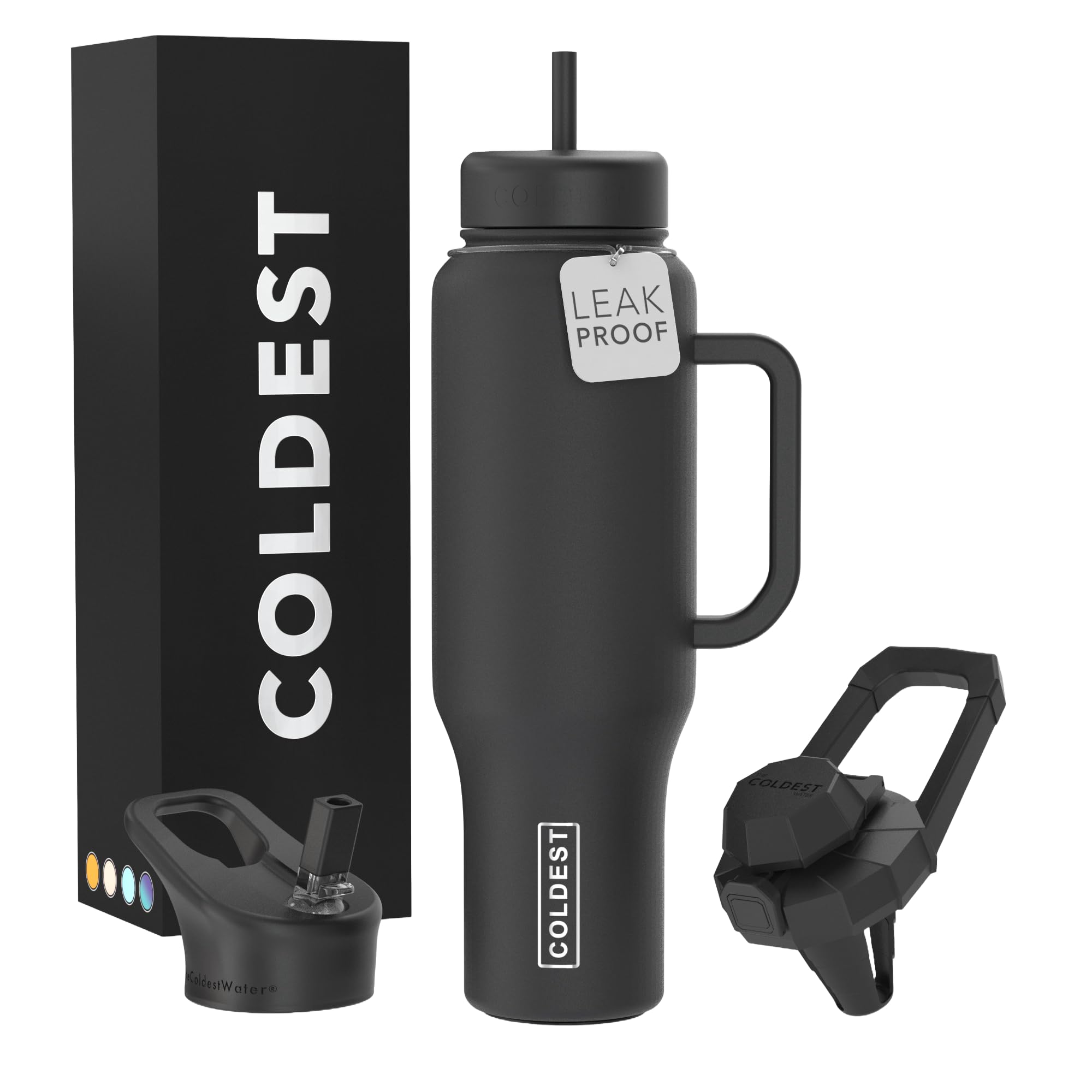 Coldest Tumbler with Handle and Straw - 100% Leak Proof Insulated Tumbler with Lid and Straw (3 Lids) - Stainless Steel Tumblers for Women & Men - Cup Holder Friendly Base, 46 oz (Stealth Black)