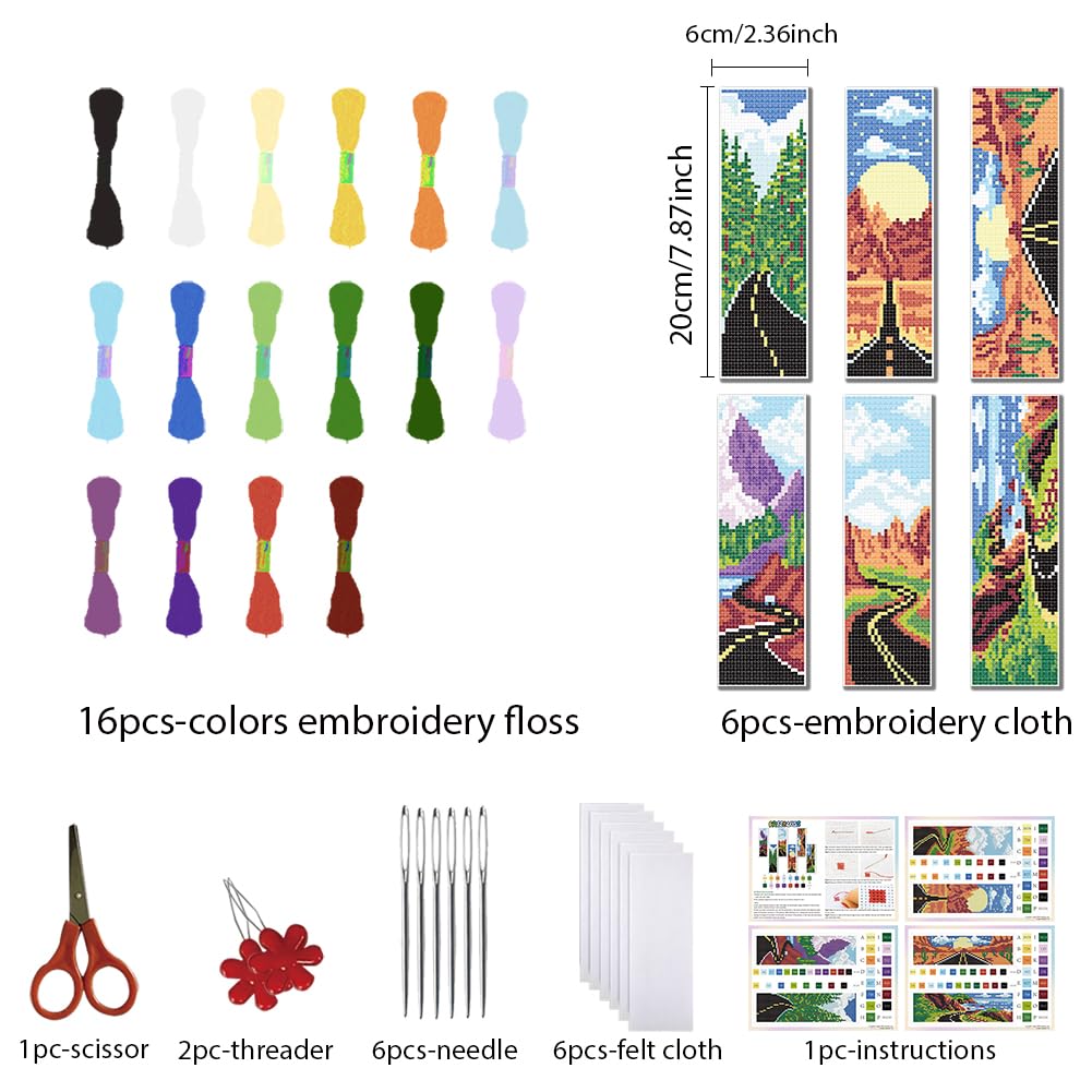 FREEBLOSS 6 Set Cross Stitch Bookmark Kit Cross Stitch Kit Mountain Road Landscape Stamped Embroidery Bookmark with Instruction Cross Stitch Kits for Adults DIY Bookmark Kit 8.66''x3.15'' - Image 2