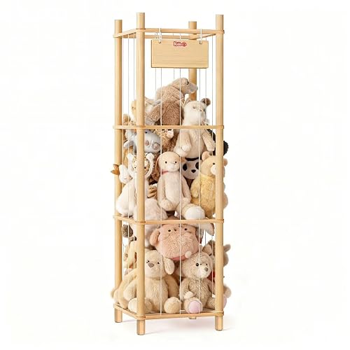 KiddoCood 3-Tier Stuffed Animal Storage Tower, 53 Inch Solid Pine Corner Plush Organizer for Nursery