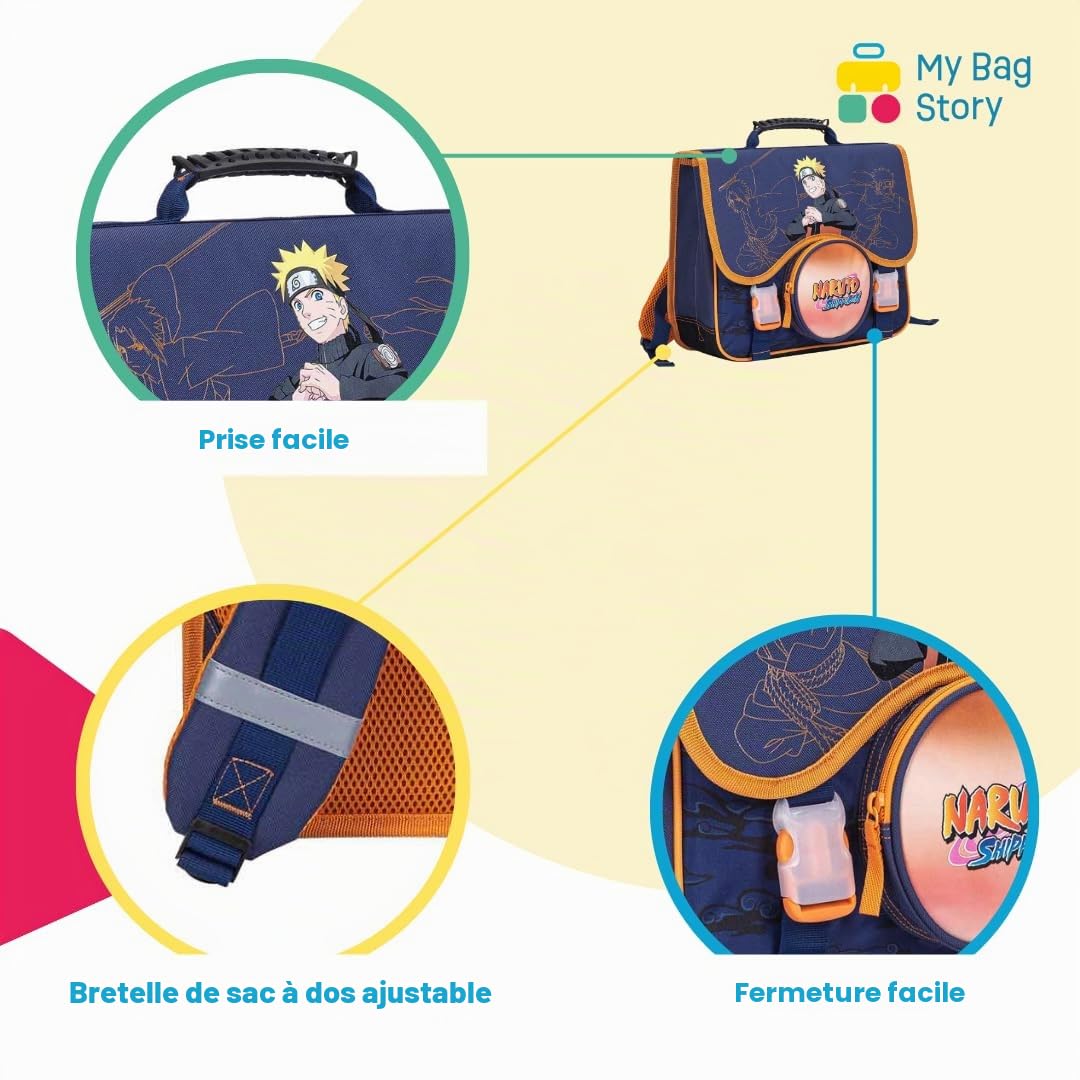 mybagstory - Cartable Naruto - Garçon 38x34x16 cm | 2 compartiments + poche ronde, Fermeture à rabat, Sac école primaire et Produit officiel.
