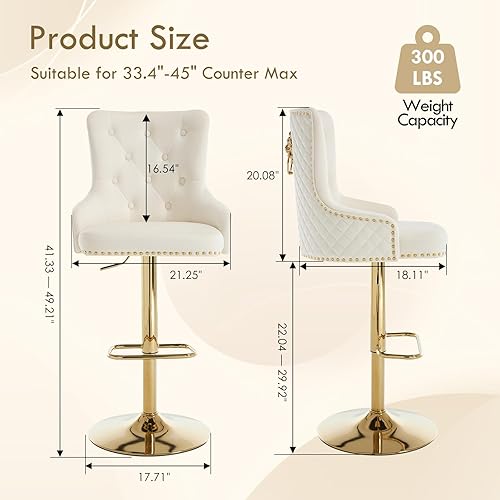 Miniatura 2 de Juego de 2 taburetes de bar dorados giratorios de terciopelo con anillo de tracción de león, taburetes tapizados de altura de mostrador con respaldo