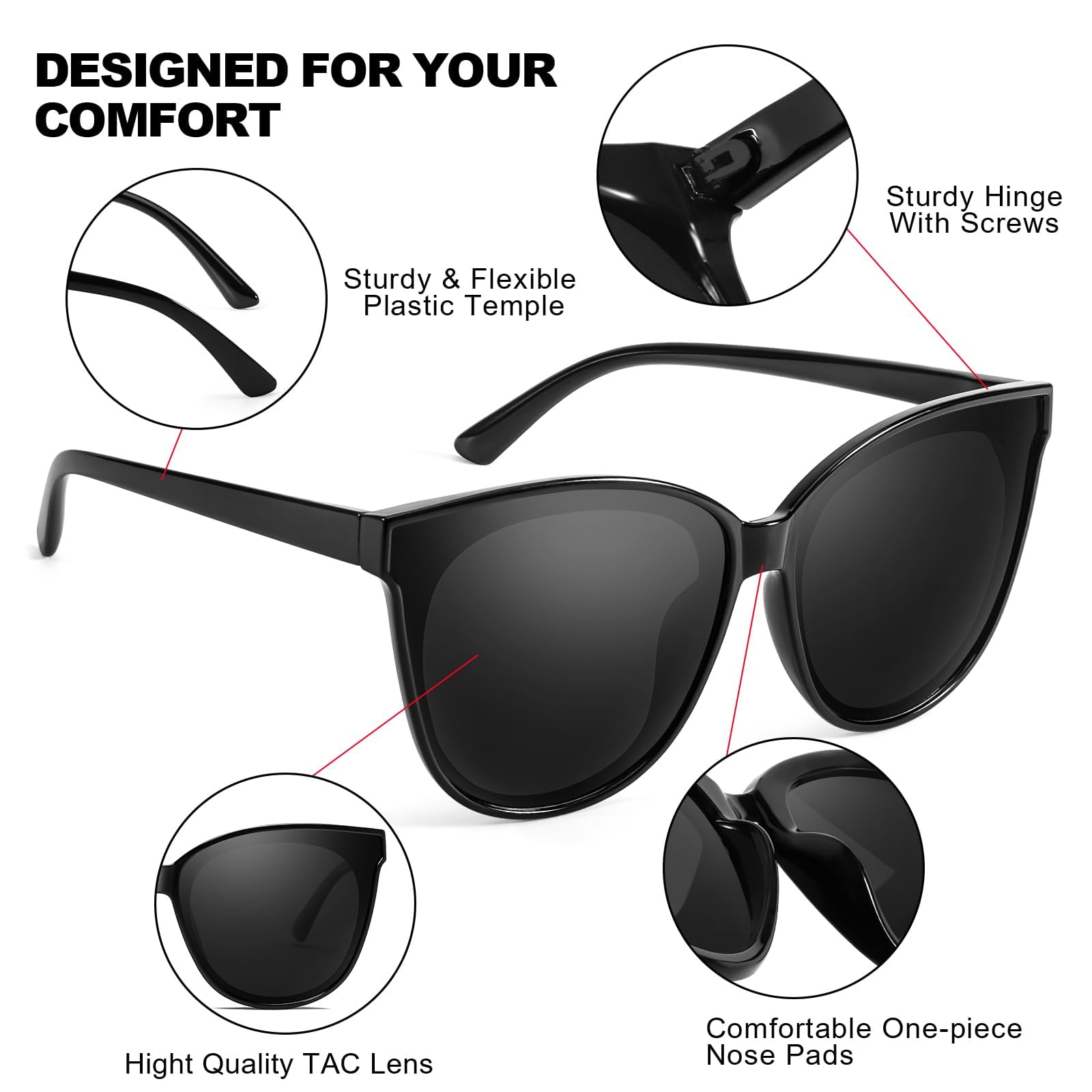 Lentes de sol de gran tamaño con diseño de ojos de gato para mujer, polarizados y con protección UV, a la moda, grandes, grandes y grandes, IF1627, C01 Negro, Grandes 4