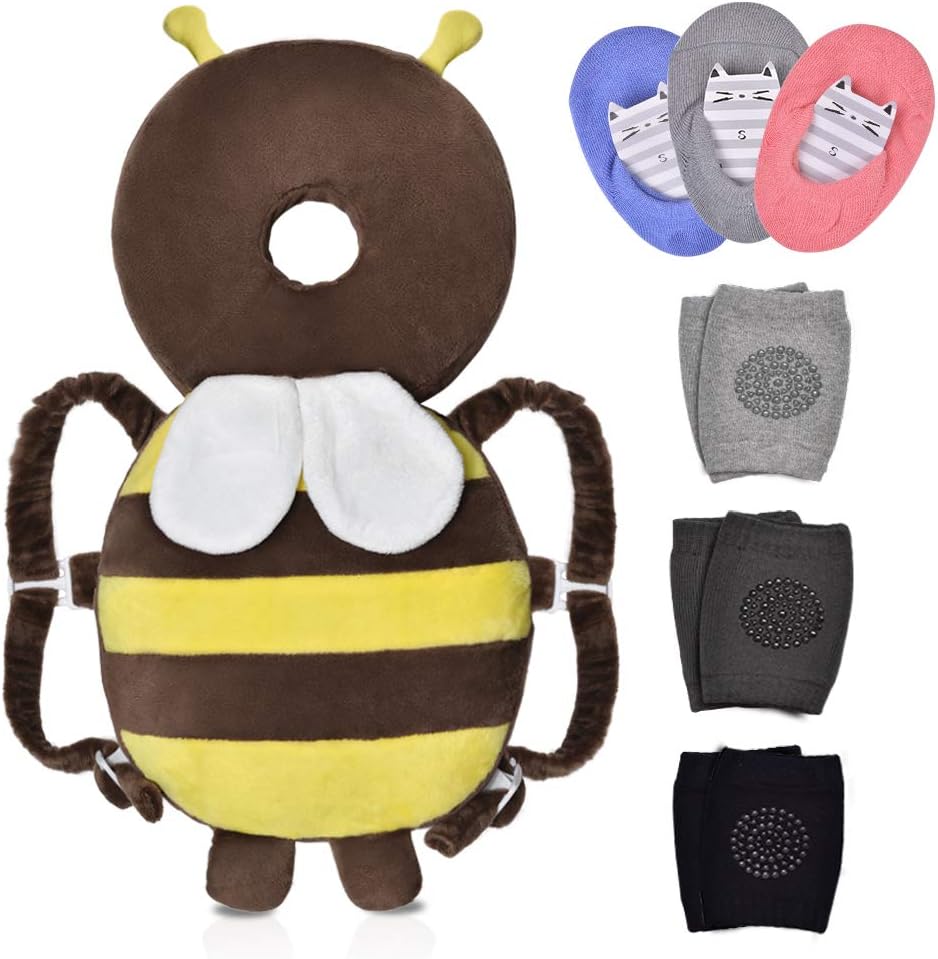 7 Pack|Baby Head Protector 1 & Baby Knee Pads for Crawling 3 Pairs & Baby Socks 3 Pairs,Baby Walking Suit, Brown Bee