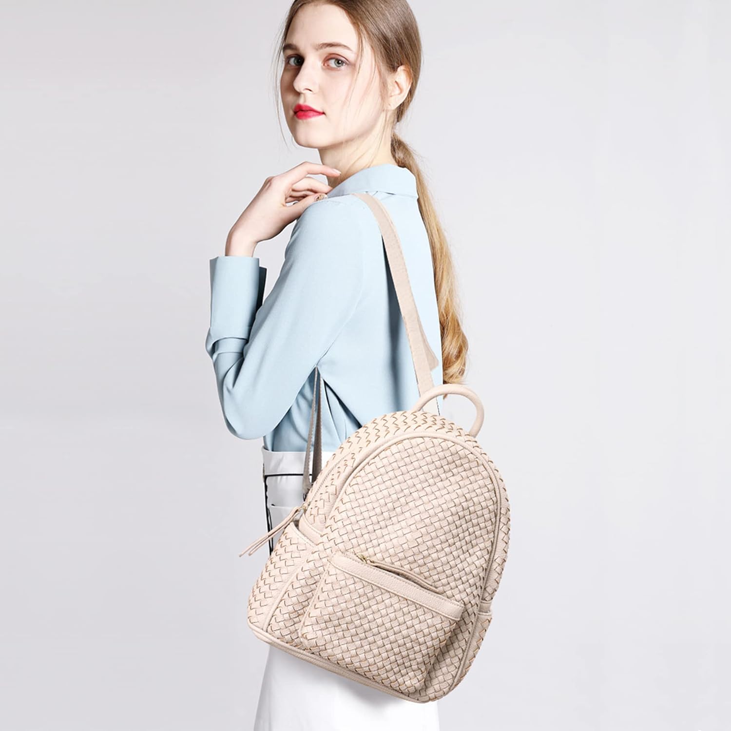 Woven Backpack for Women Trendy Daypacks Stylish Backpack Purse Women's Fashion Backpack for Travel Vacation (Large Beige Woven) - Image 6