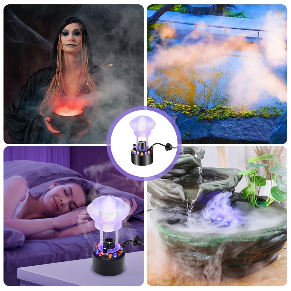Brumisateur Ultrason, Mini Machine à Brouillard Halloween avec 12 Lumières et Protection Anti-Éclaboussures, 24 V Brumisateur à Ultrasons pour Aquarium, Étang de Citrouilles, Chaudron Sorcière