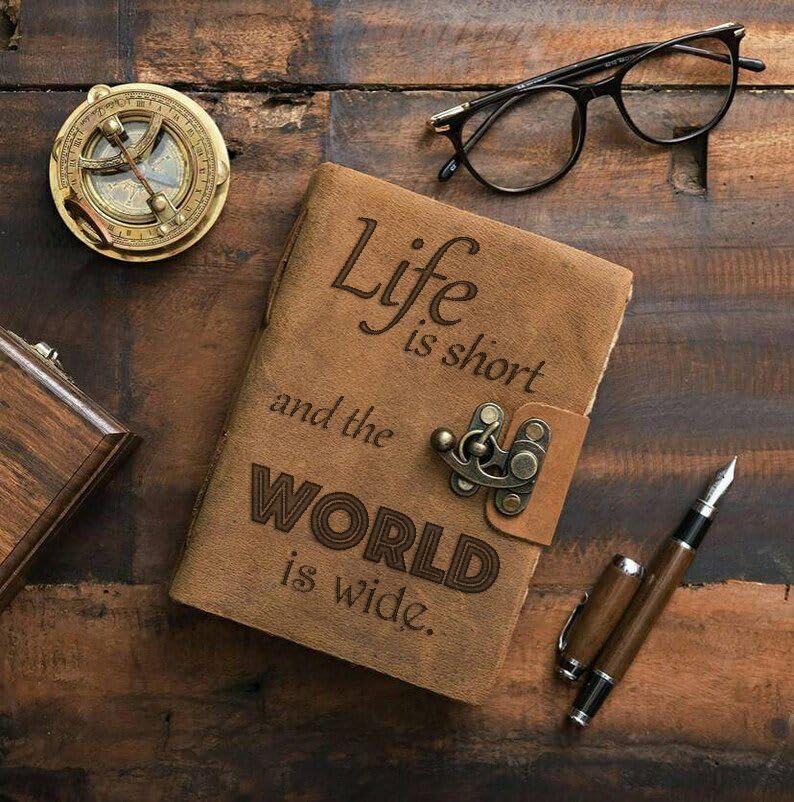 Image of DI-KRAFT Handcrafted A5 120 GSM Vintage Paper Printed Diary Leather Writing Diary With Buckle Lock Notebook Unruled Personal Diaries Leather Journal for Office - 5x7 Inch 200 Pages (Brown Quote5)
