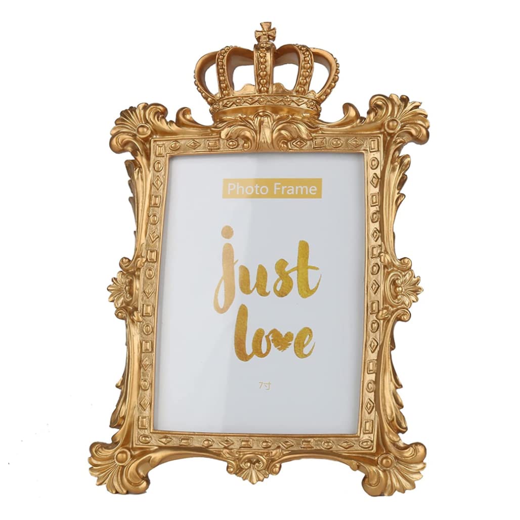 Grtheenumb Golden Gold Photo Frame 6.4''X9.8'' Vintage Picture Frame Resin Picture With Kickstand Rectangle Tabletop For Portrait Or Family Photos