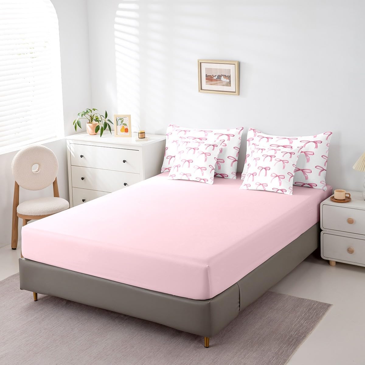 Feelyou Bow Bedding Set for All Season Boys Girls Twin Size Cute Bowknot 7 Pieces Comforter Sets for Kids Women Men Pink Girls Bow Bed in a Bag with Comforter, Sheets, Pillowcases & Cushion Cover