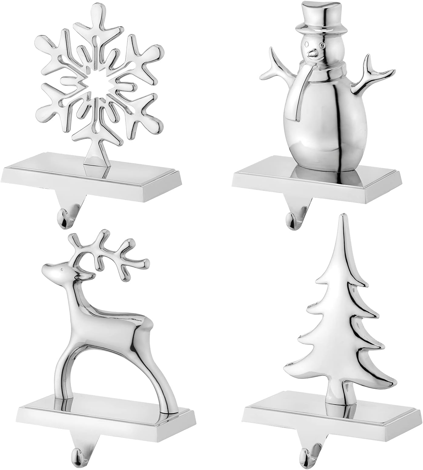 MinetomMinetom Christmas Stocking Holders for Mantel Set of 4 Reindeer Snowflake Snowman Pine Tree Vintage Metal Standing Stocking Hook Silver Sturdy Stockings Hanger for Fireplace Counter Window Decoration