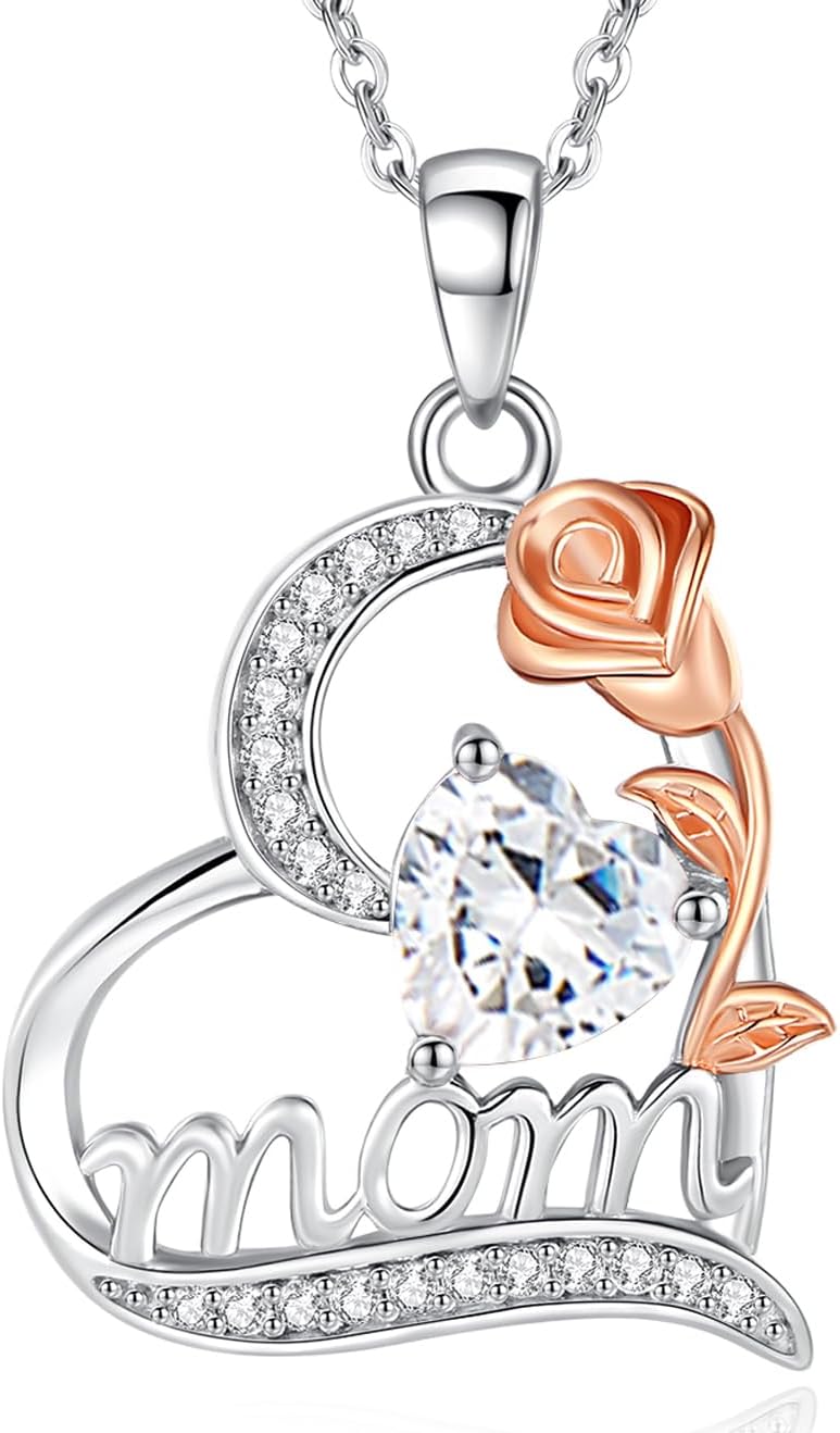 FANCIME Mom Birthstone Necklace for Women Rose Heart Necklace I Love You Mom Gifts Mother's Day Gifts Jewelry for Grandmother Women Wife, 16"+2" Inches