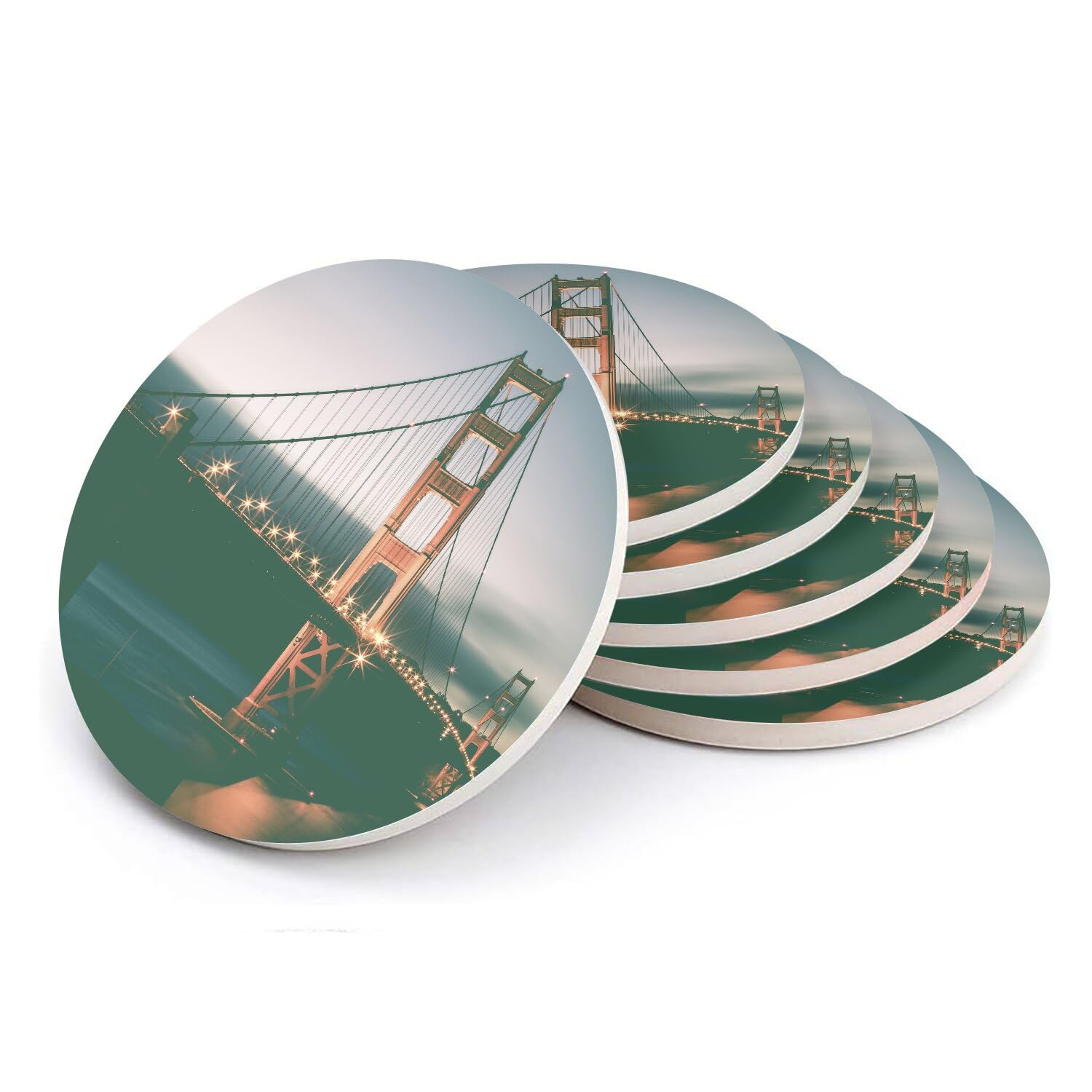 Sous-verre ronds en céramique Golden Gate de nuit - Lot de 6 dessous de verre 108x108mm