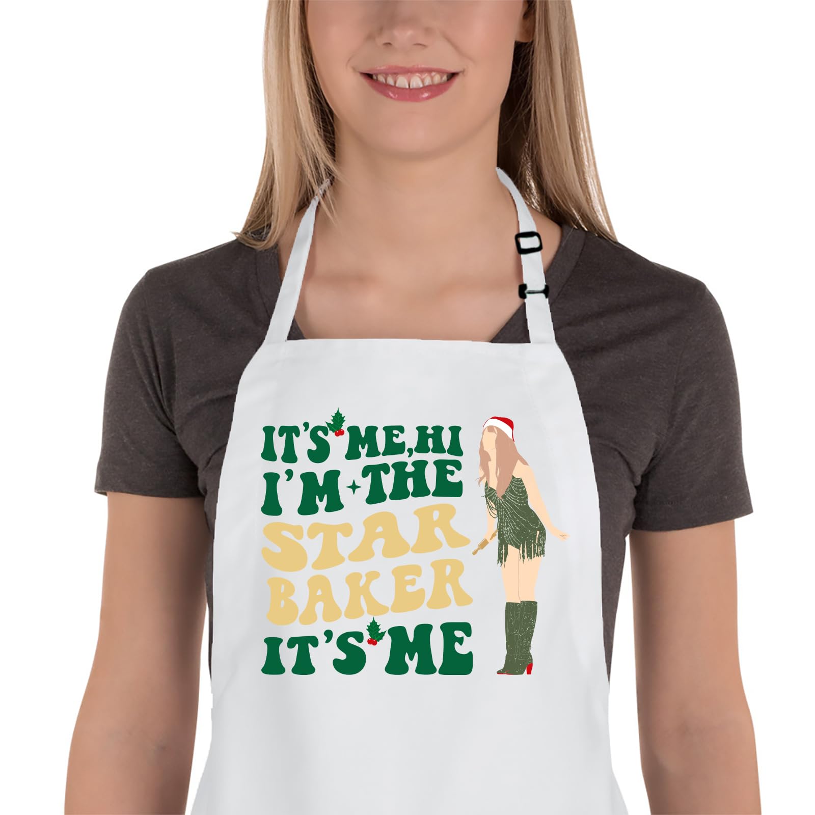 Funny Christmas Baking Apron for Women, Kitchen Cooking Aprons with 2 Pockets, Cute Baking Gifts for Bakers Girls Mom Wife Husband Girlfriend Sister, Music Lover White Elephant Gifts - Star Baker