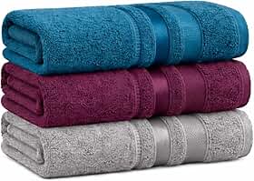 Kit C/ 3 Toalhas De Banho Marselha 100% Algodão Alta Absorção - 70cm x 140cm (Azul - Açai - Inox)