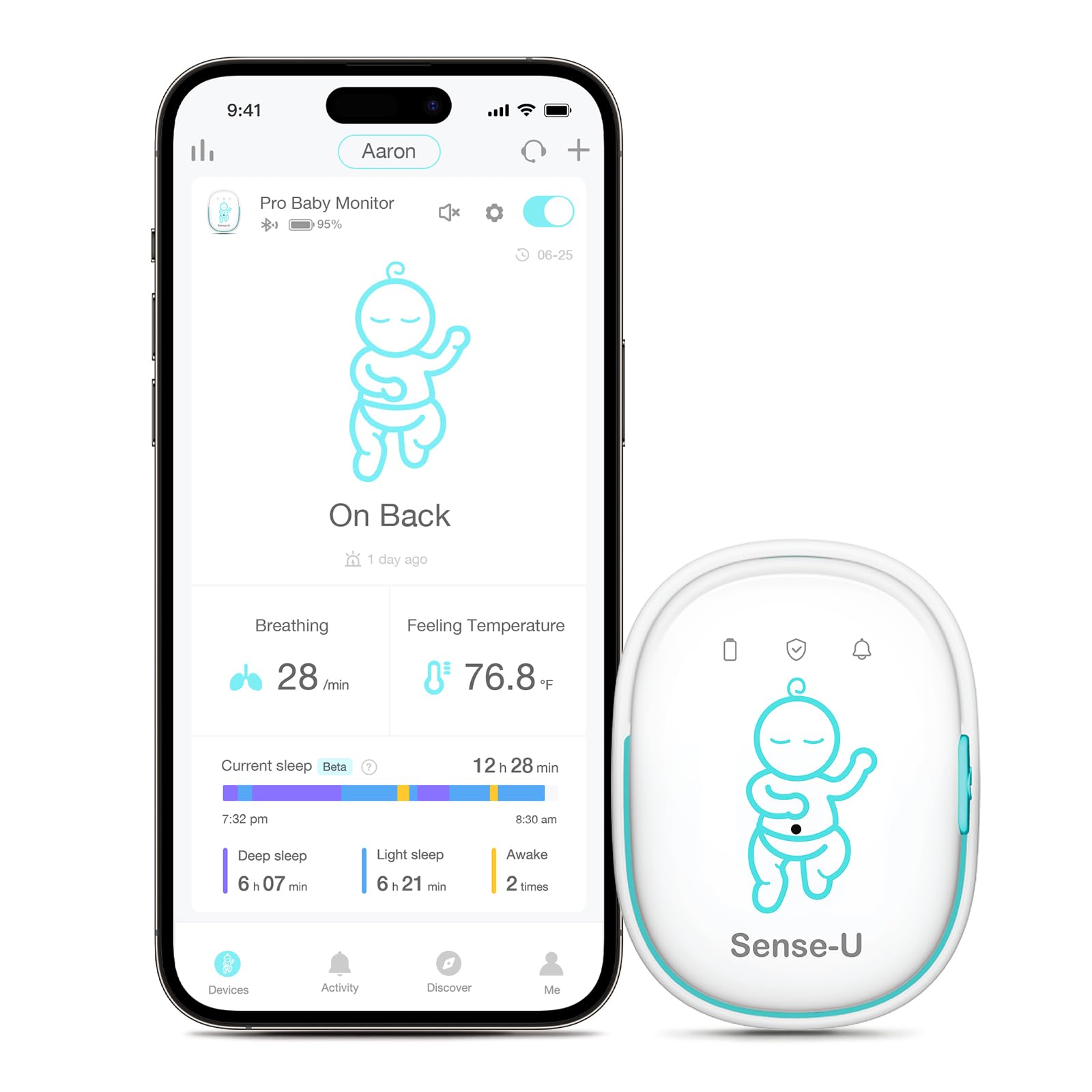 Sense-U Pro Baby Breathing Movement & Sleep Position Monitor with Gentle Vibration Alerts, Temperature Notifications, Audible & App Alerts, Sleep