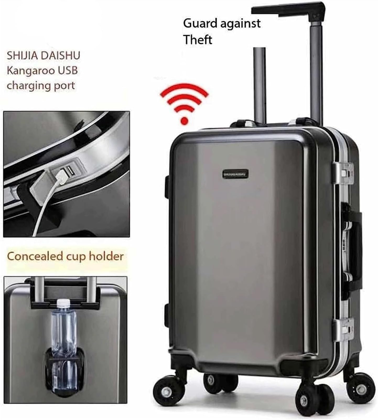 Valigia da Viaggio con Telaio in Alluminio, Doppia Fibbia, Password, Ricarica USB Esterna con Ruote (D, 26 Pollici)