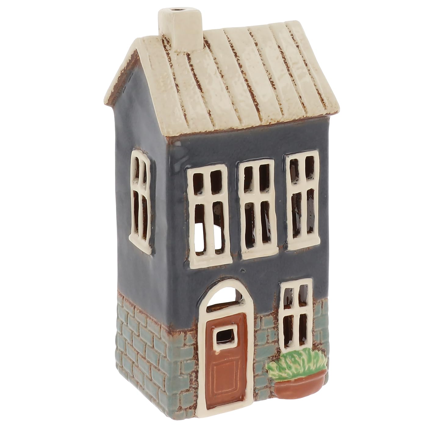 Shudehill Giftware Blue Village Pottery Brick House Tealight Holder, Ceramic, Cottage Style Decoration, Warm Ambience, Charming Two-Storey Design With Cream Roof And Arched Doorway