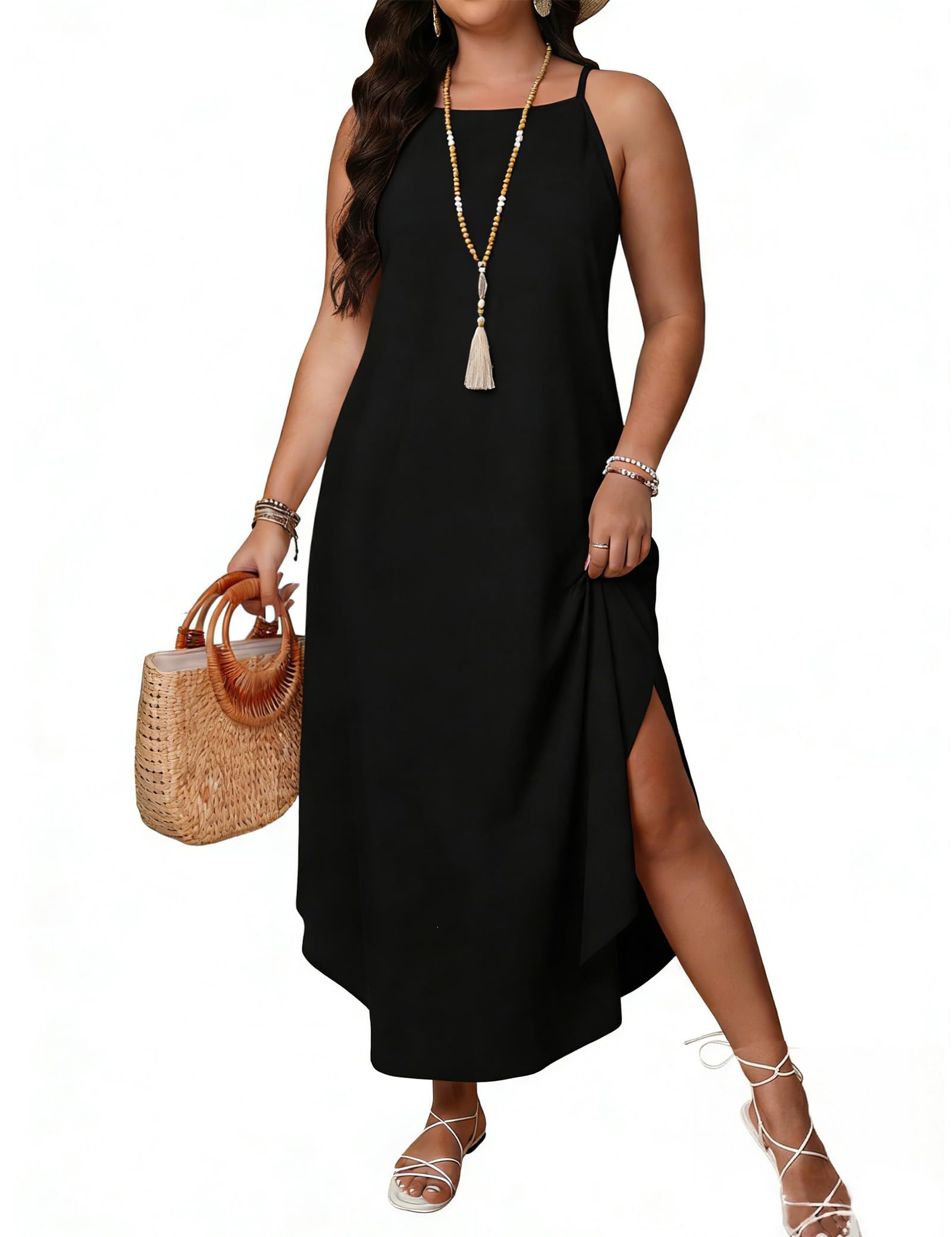 Women's Plus Size Dresses Casual Summer Boho Sleeveless Maxi Dress Long Halter Side Slit Beach Sundress(1X-5X)