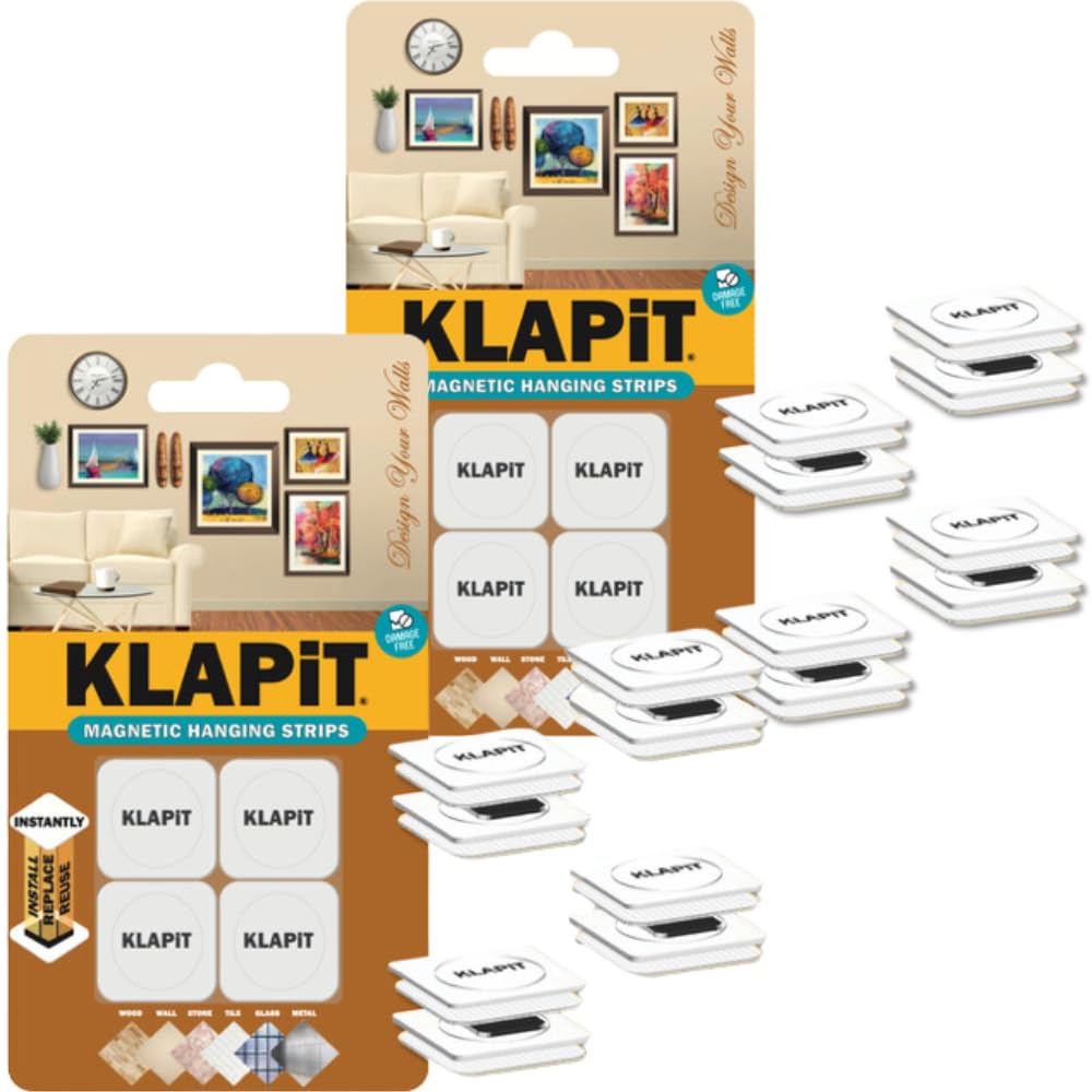 KLAPiT Magnetic Picture Hanging Strips with Nano Technology: Premium Alternative to Mounting Tapes & Double-Sided Tapes - Heavy Duty, Drill-Free & Damage-Free Hanging- White (8 pc pack)