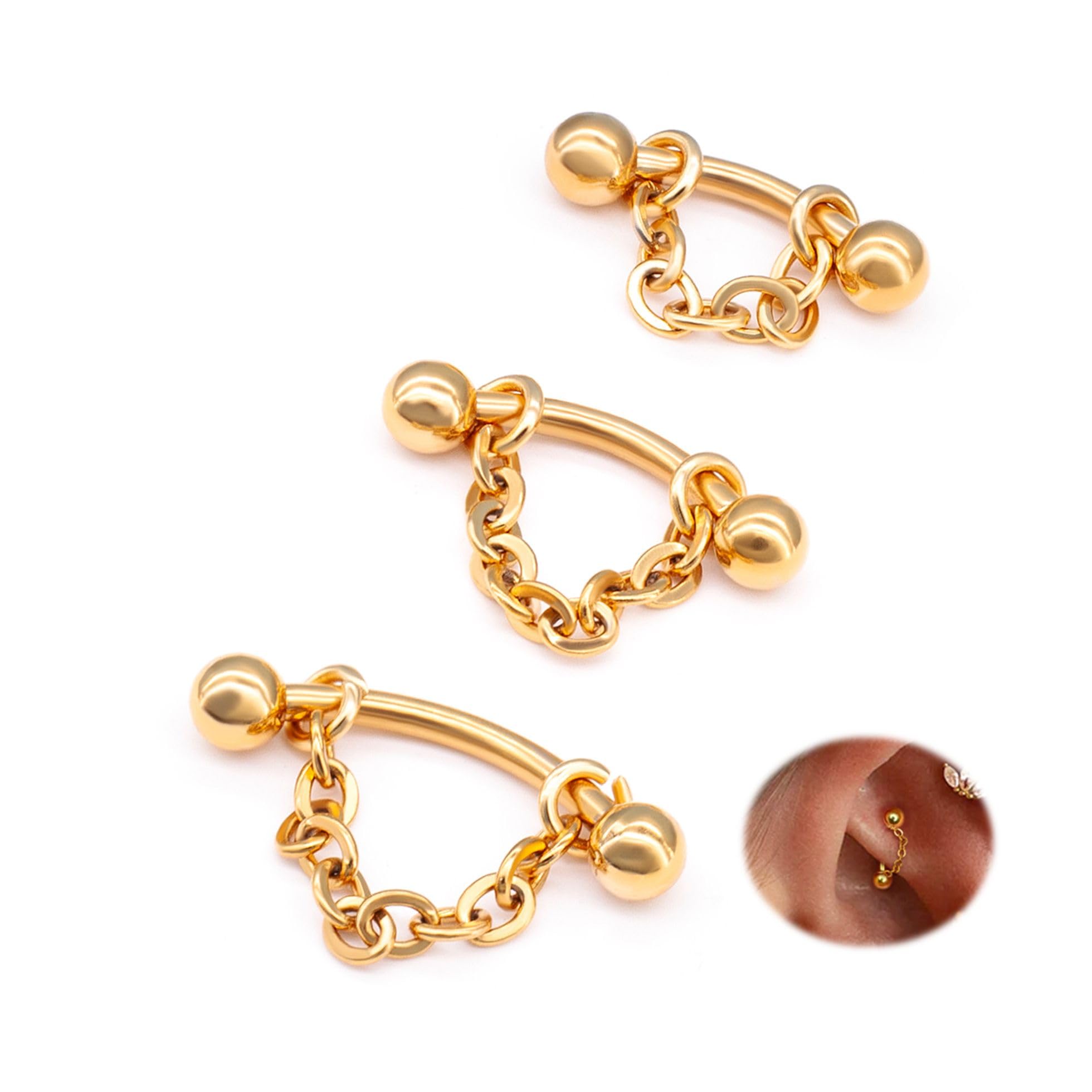 3 Pcs 316L Stainless Steel 16G Tragus Helix Rook Piercing Jewelry with Chain, Cartilage Earrings for Women, Belly Button Ring Vertical Labret Lip Piercing Jewelry