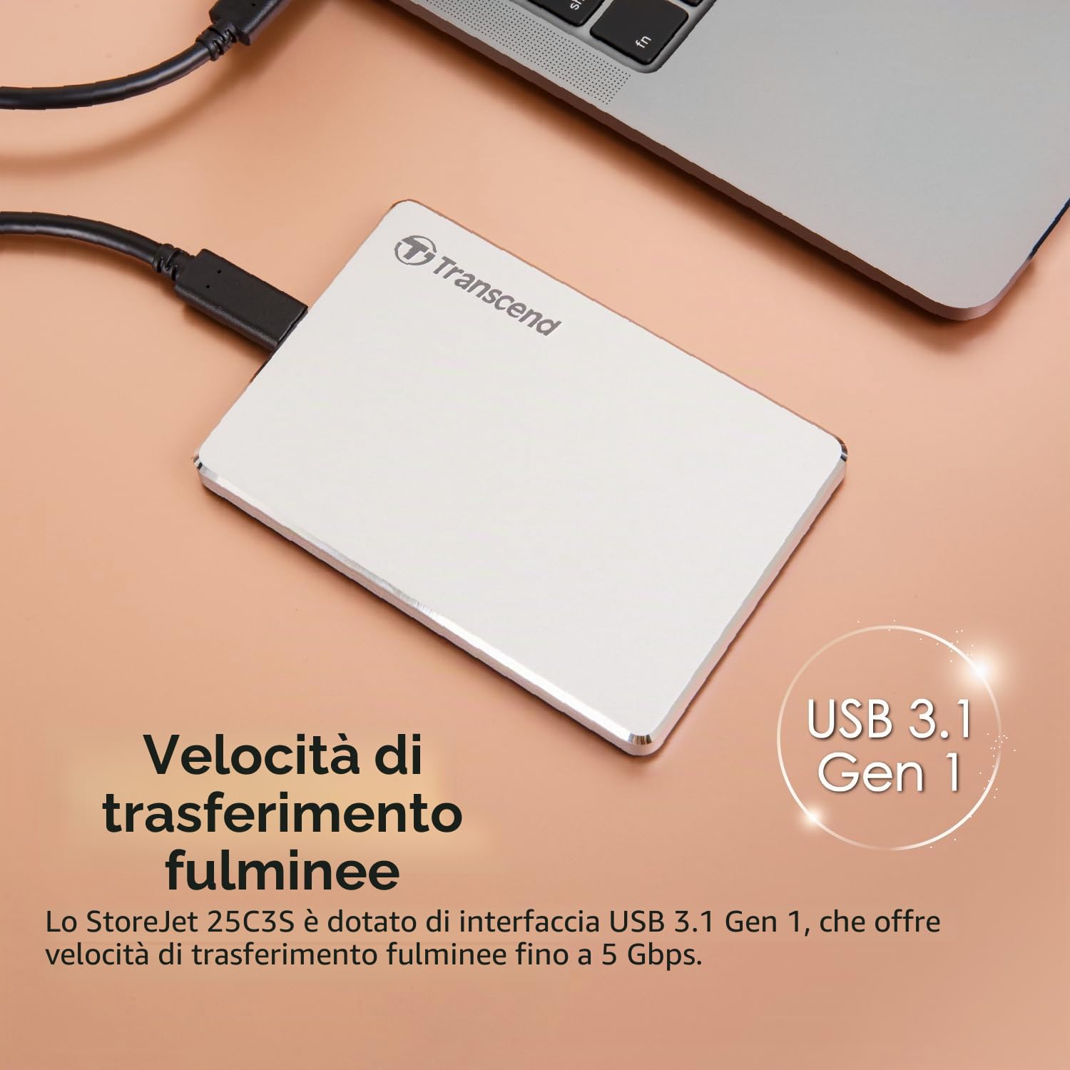 Transcend Disco rigido portatile da 2 TB USB Type-C 3.1 Gen 1 StoreJet argento - TS2TSJ25C3S