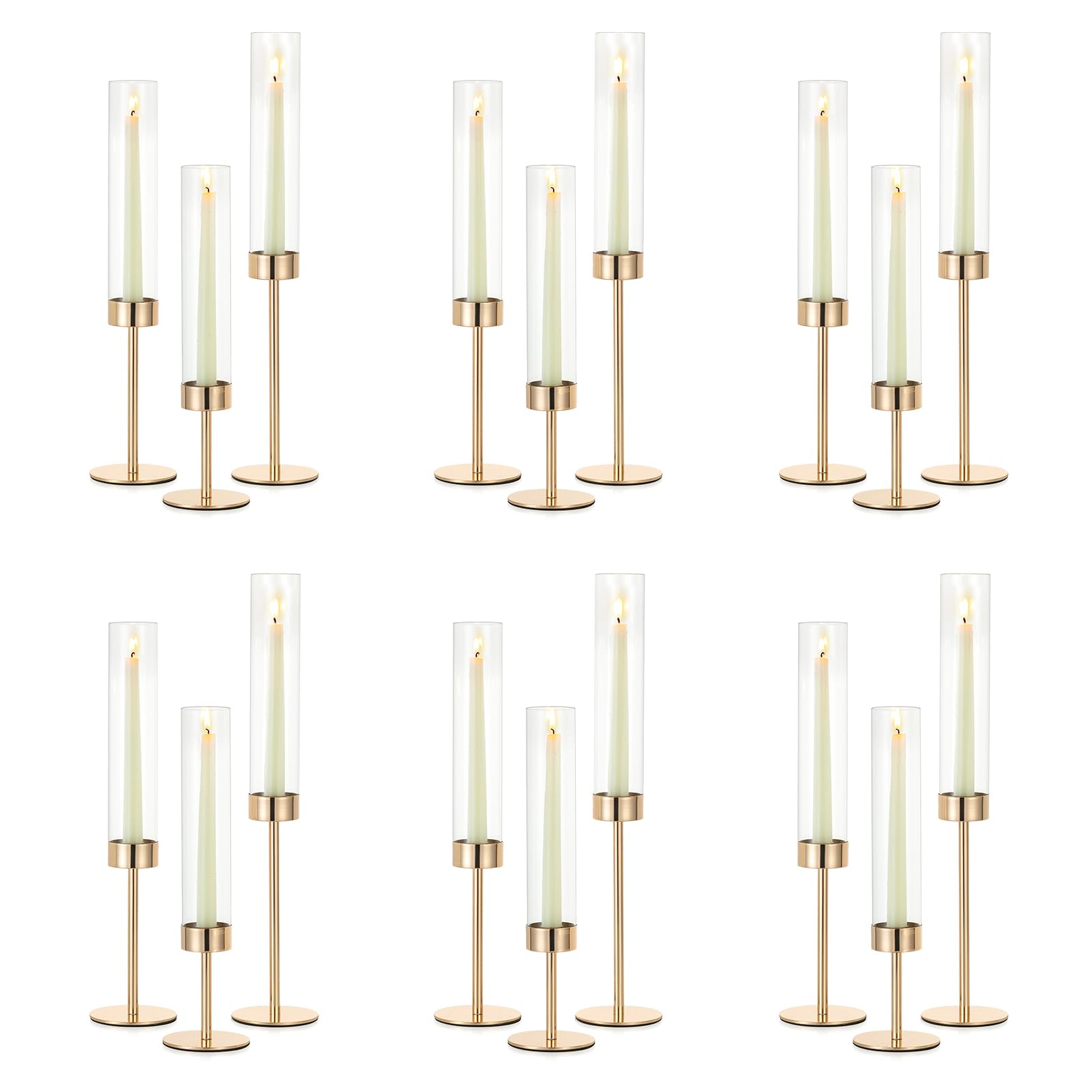 NUPTIO Candle Stick Holder for Wedding: 18 Pcs Tall Hurricane Gold Candles Holder with Clear Glass Chimney Cover - Tapered Candlestick Holders Bulk for Party Centerpiece Decor