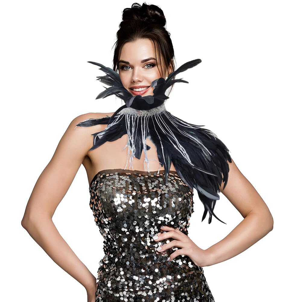 Châle à Plumes Gothique Femme - Cape Épaules En Plumes Naturelles Pour Bal Masqué, Halloween Et Spectacle