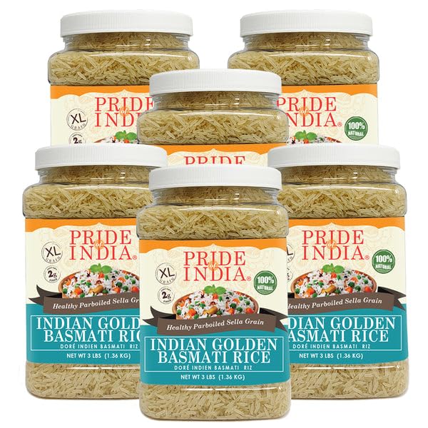Pride Of IndiaPACK of 6 - Extra Long Indian Golden Basmati Rice - Healthy Parboiled Sella Grain, 3lbs Jar