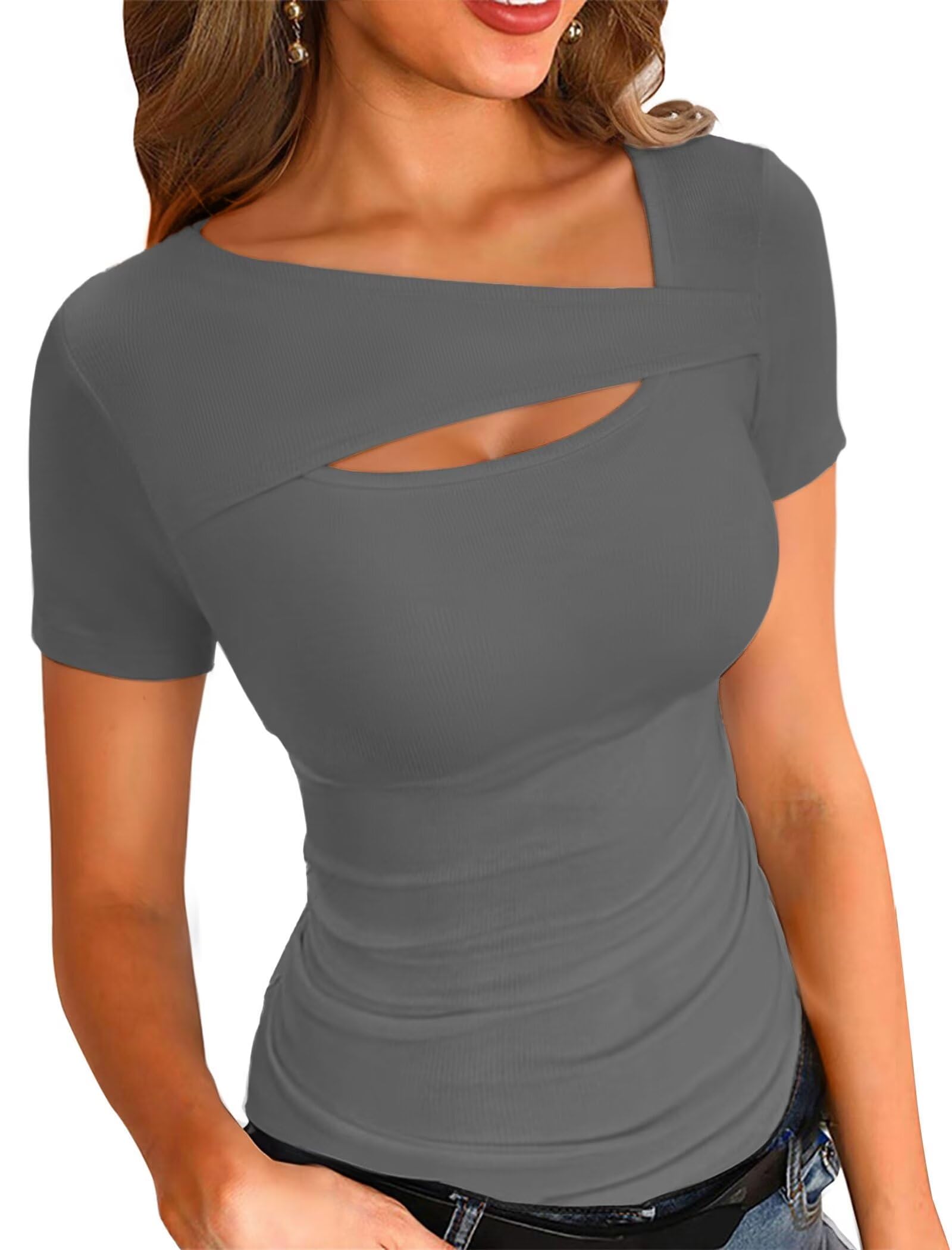 VICHYIE Womens Fashion Fall Clothes One Piece Cutout Tops Long Sleeve Ribbed Slim Fitted Shirts Tee Tshirts Short Sleeve Large Short-dark Grey