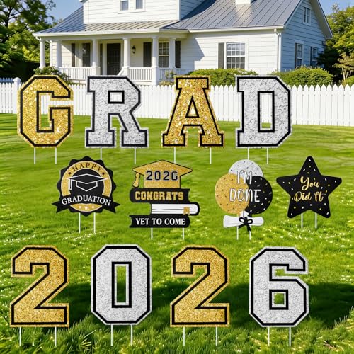 Graduation Decorations 2026 12Pcs Graduation Yard Signs Class of 2026 Outdoor Waterproof Congrats Grad Sign with Stakes for kindergarten K-12th College Any Grade Black Gold