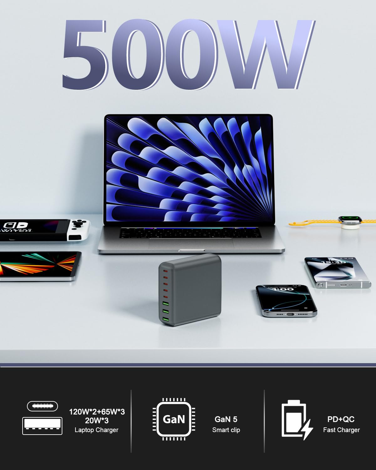 BURUDU Bloc de charge USB C 500 W, station de charge USB C à 8 ports, charge rapide PD 120 W, adaptateur de chargeur pour ordinateur portable MacBook Pro/Air/tous les iPad, DELL, iPhone 17/16/15/14/13