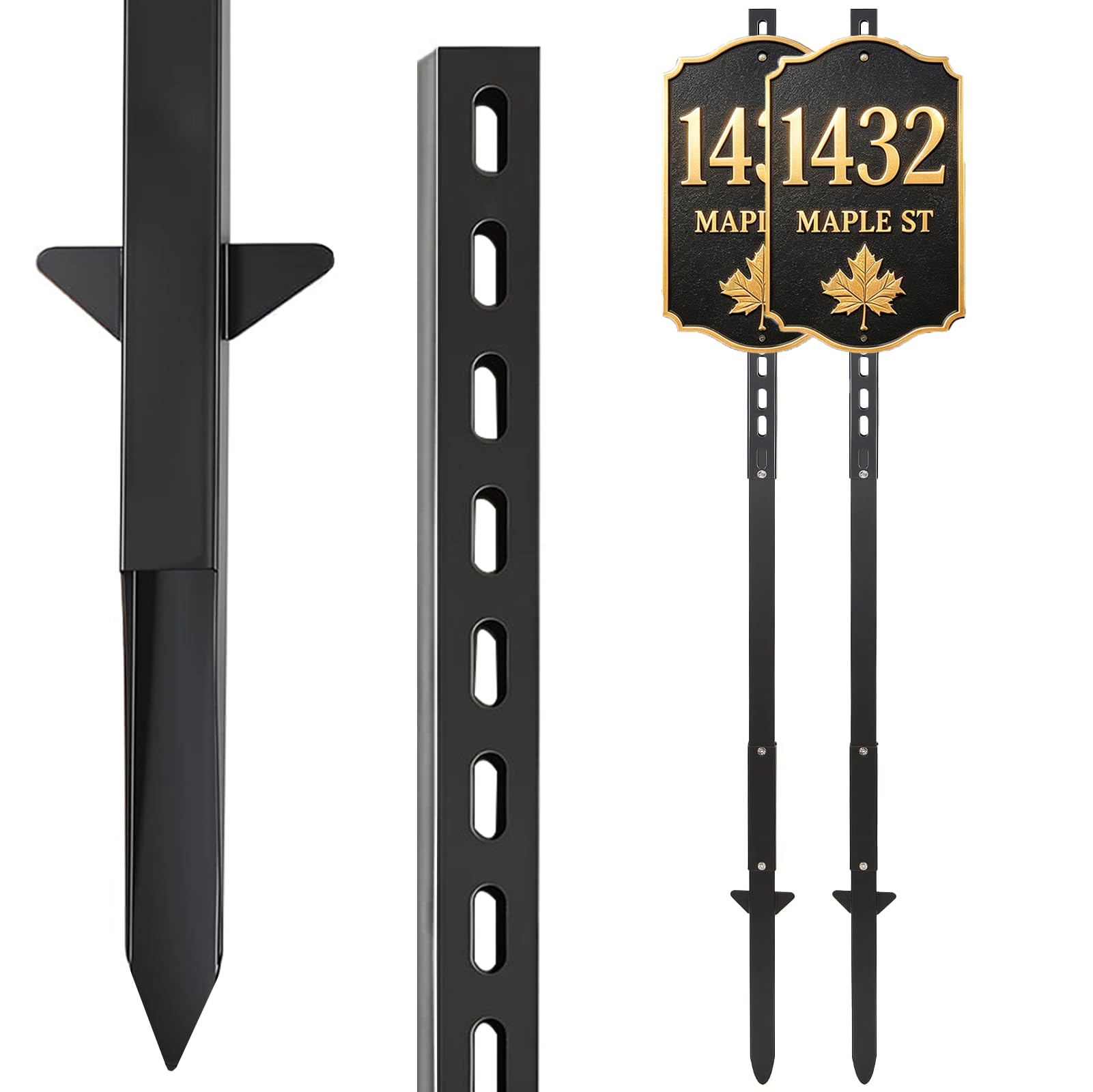 Estaca de metal para letrero de patio, poste cuadrado de acero, poste ajustable resistente con agujeros para carteles, soporte de diseño moderno elegante para exteriores, jardín, carretera
