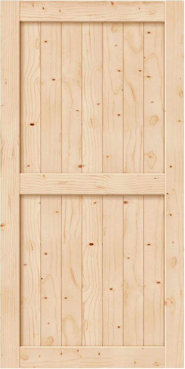 EaseLife 42in x 84in Sliding Barn Wood Door,Interior Doors,DIY Assemblely,Solid Natural Spruce Panelled Slab,Easy Install,Apply to Rooms & Storage Closet,H-Frame 42"x84" Door