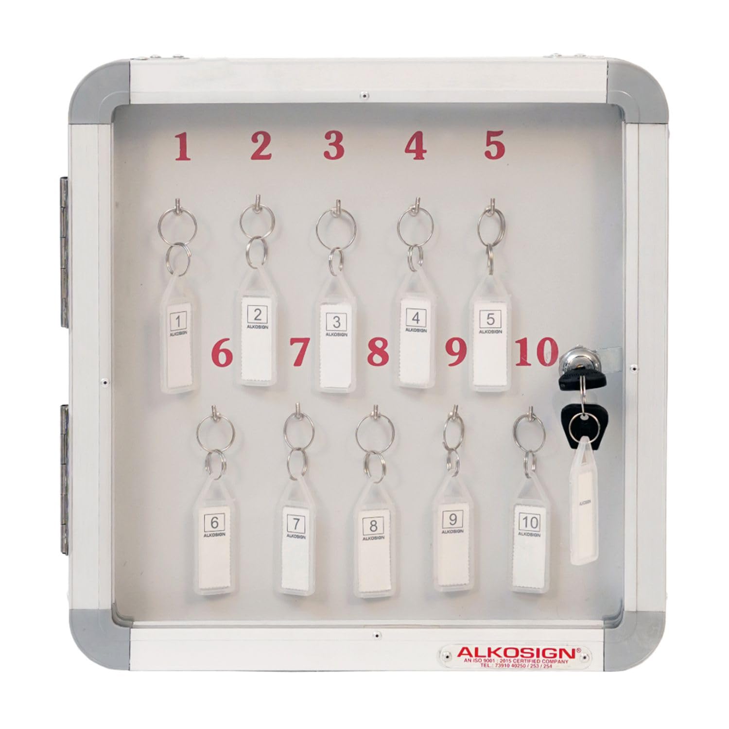 ALKOSIGN Key Cabinet for 10 Key-Chains with Laminated Back and Steel Fitted Hooks | Key Manager, Key Storage, Key Box, Lockable Key Organizer, for Industrial Use, Factories, Offices, Hotels.