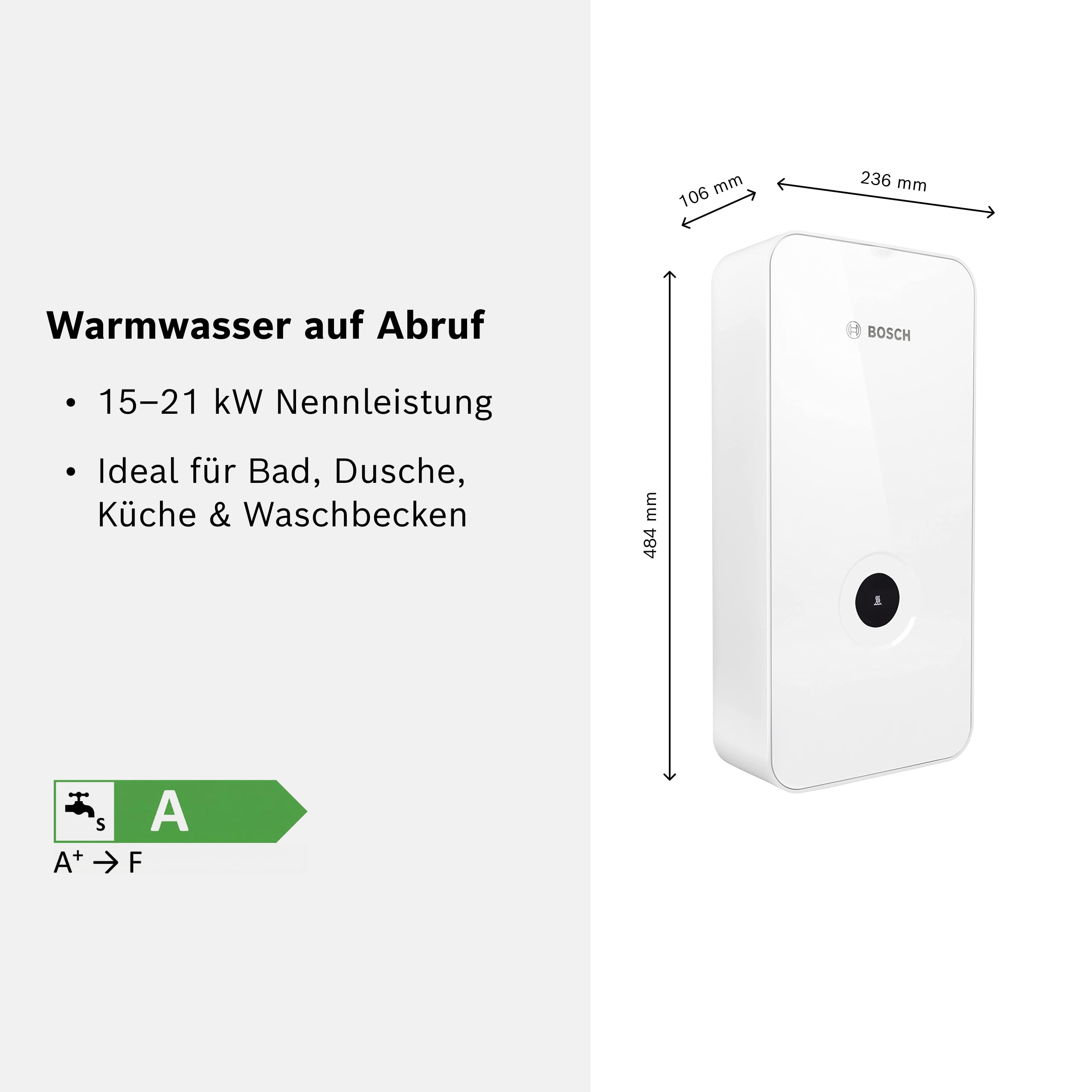 Bosch elektronisch geregelter Durchlauferhitzer Tronic Line 15/18/21 kW - umschaltbar, druckfest, stufenlose Temperaturwahl, moderne Glas-Optik, weiß [Energieklasse A]