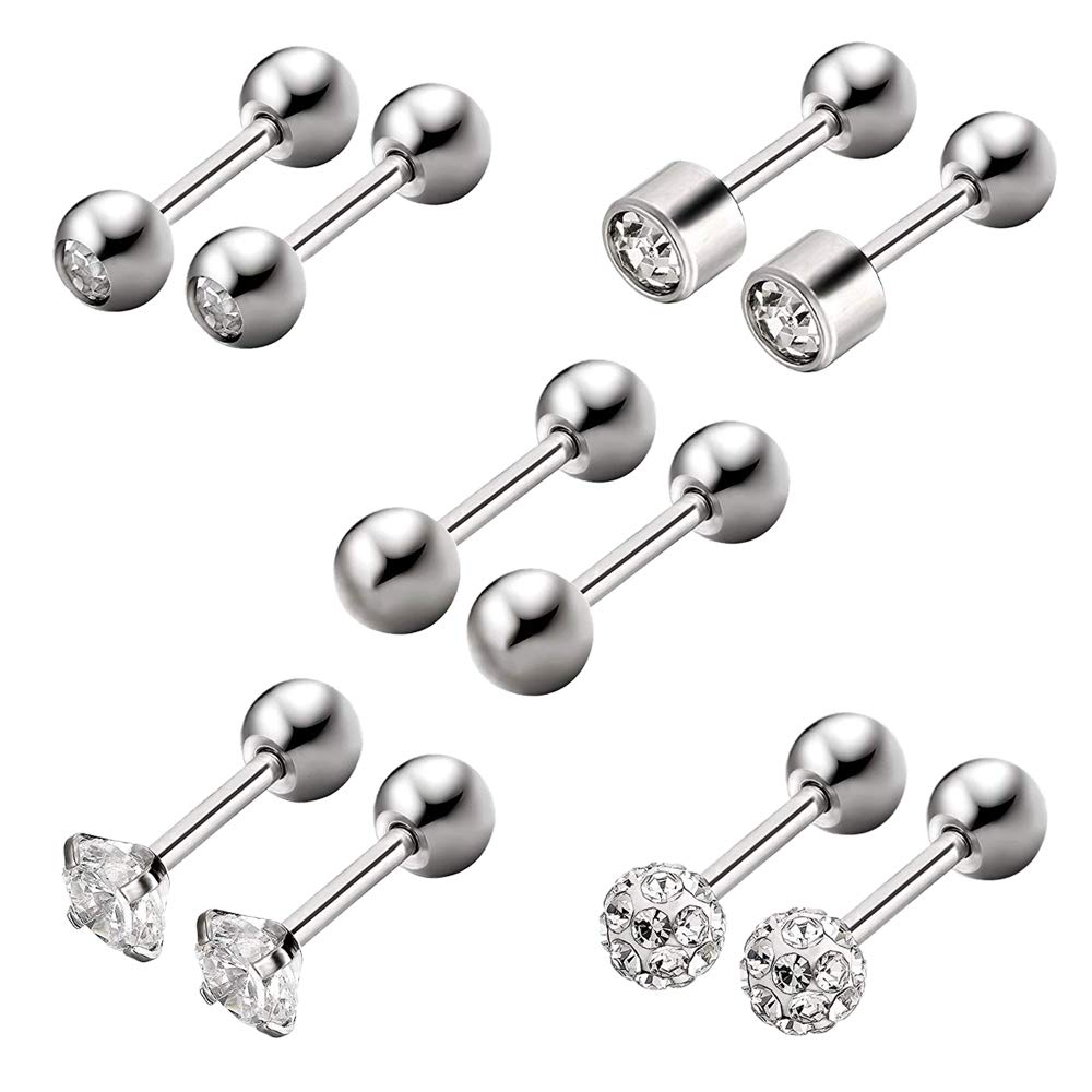 HO2NLE 5 Pares Pendientes Acero Inoxidable,16G Piercing Oreja para Mujer y Hombre Barra de 6mm con Bola Zirconia Cúbica Labret Stud Pendientes Oreja Plata para Tragus Cartilago